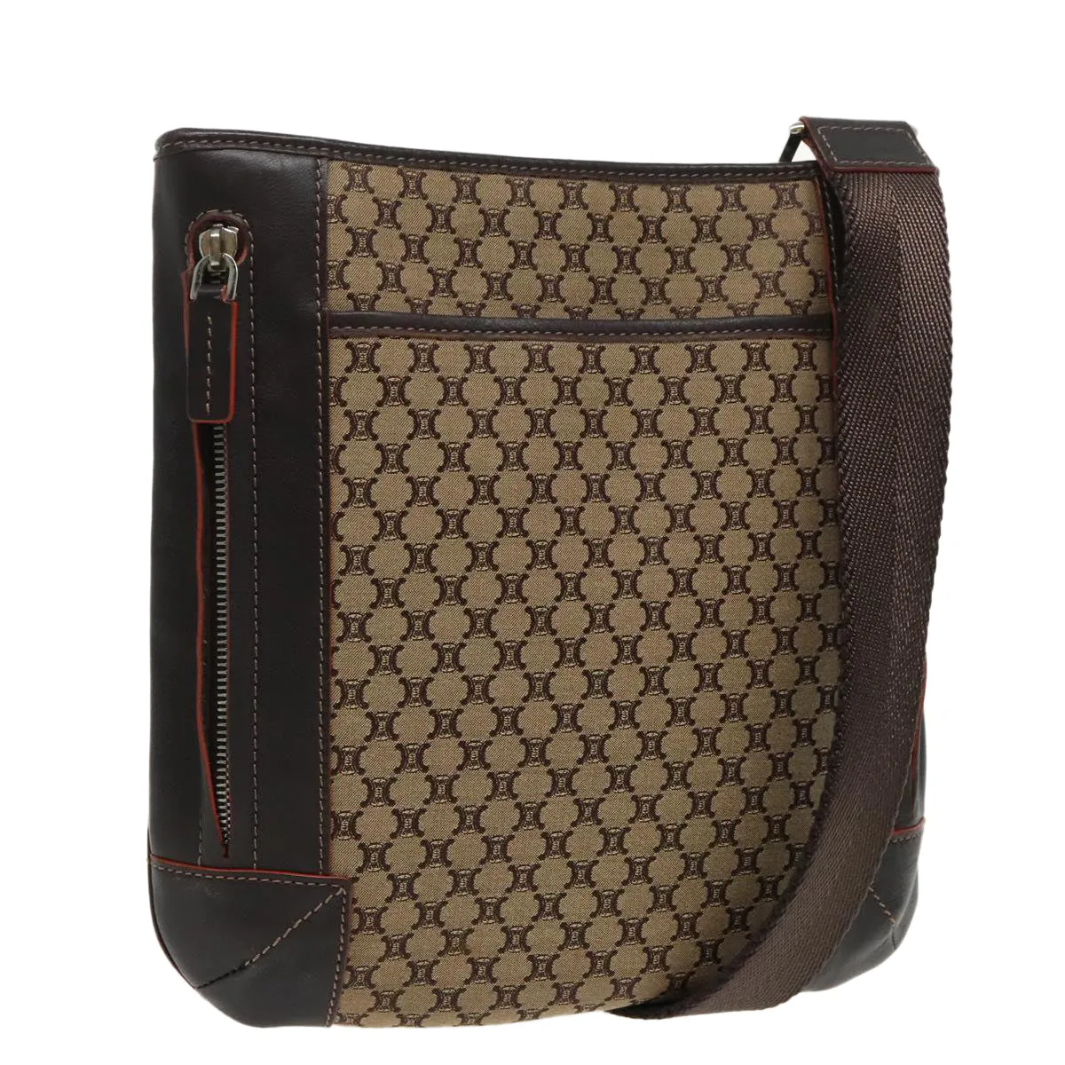 CELINE Macadam Canvas Shoulder Bag Beige Dark Brown Silver 90445
