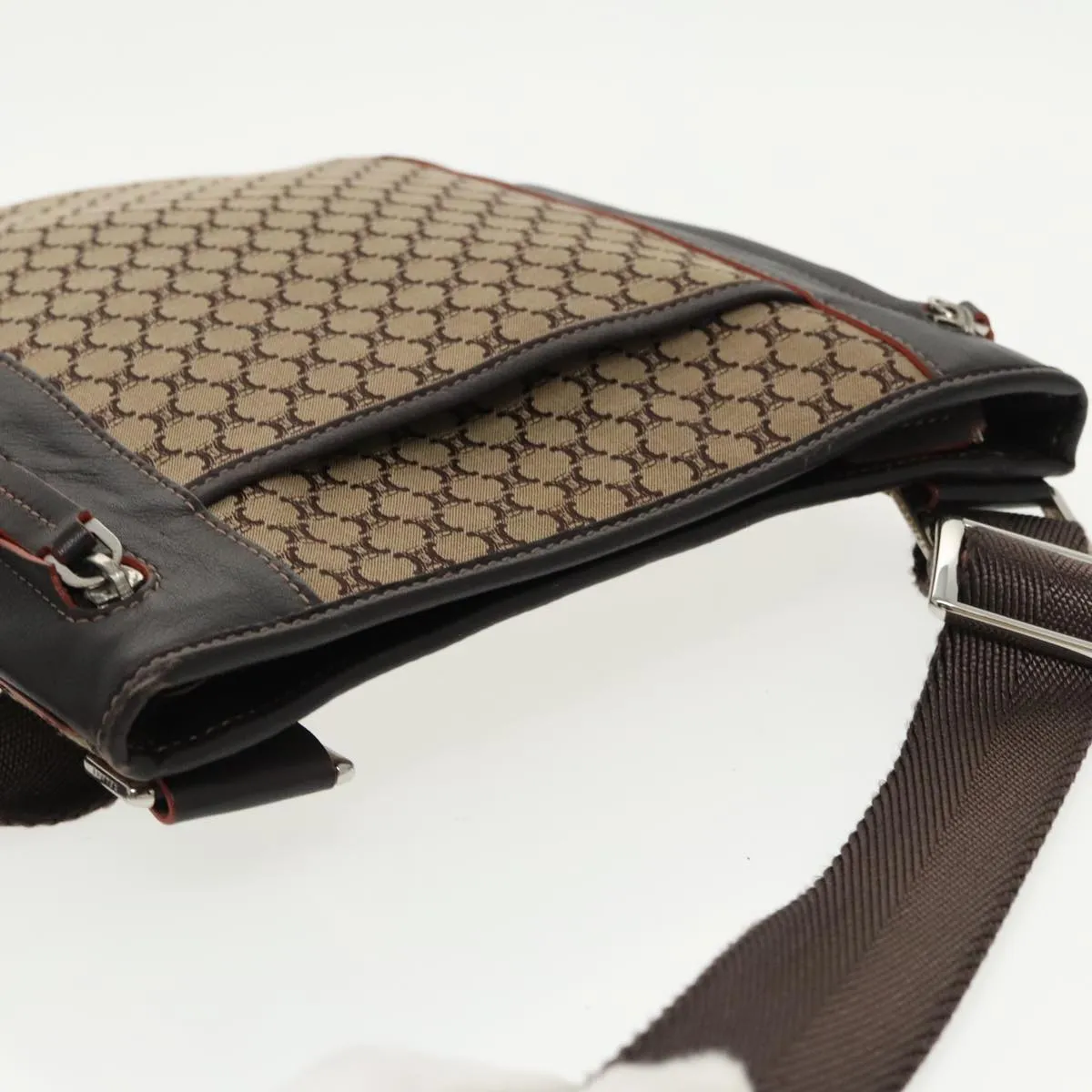 CELINE Macadam Canvas Shoulder Bag Beige Dark Brown Silver 90445