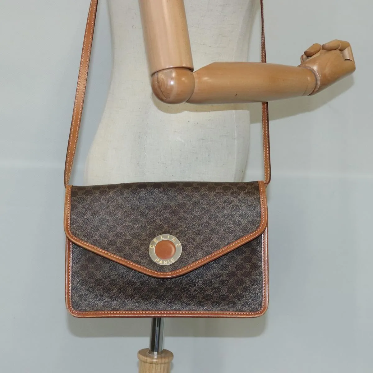 CELINE Macadam Canvas Shoulder Bag PVC Leather Brown 103442