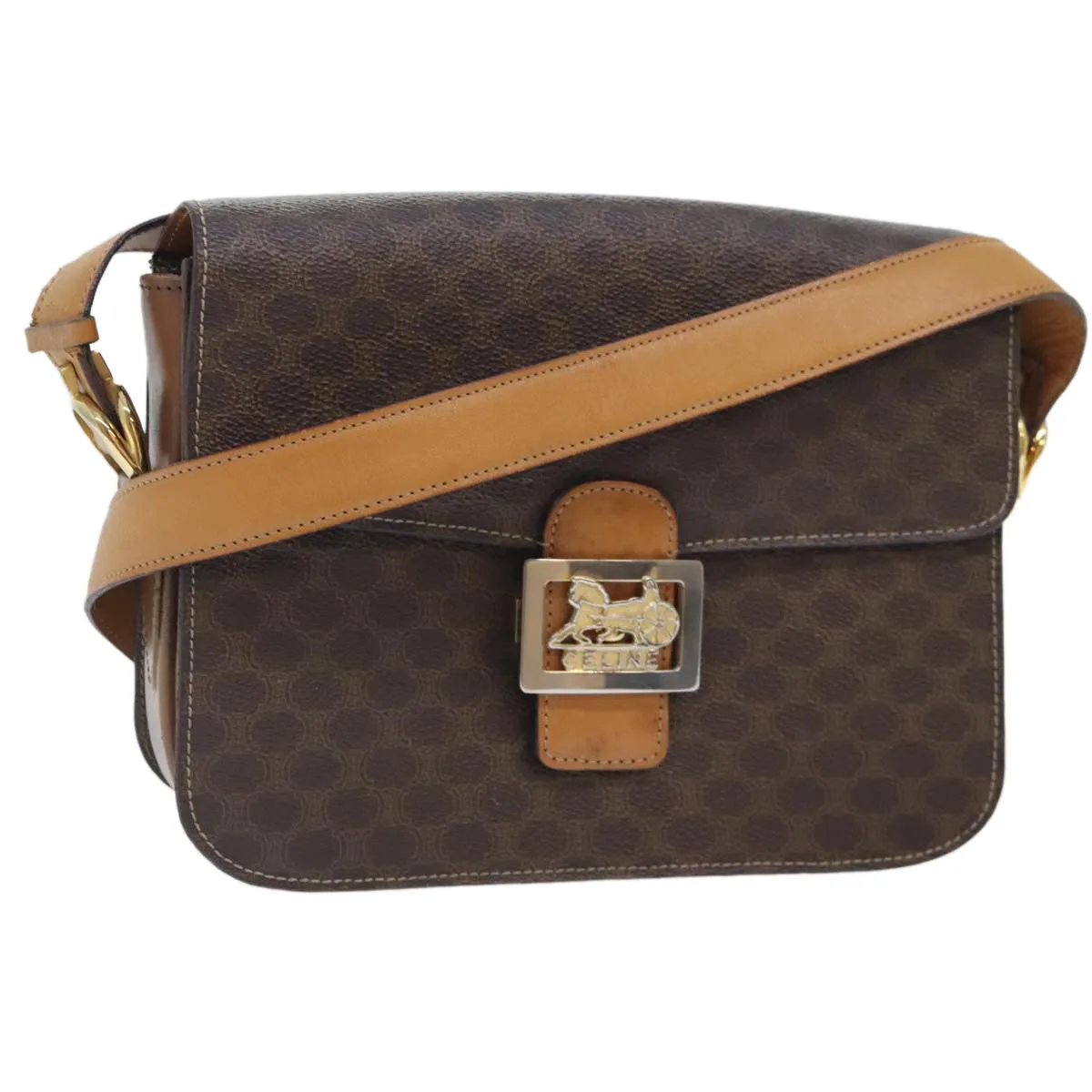 CELINE Macadam Canvas Shoulder Bag PVC Leather Brown 90950