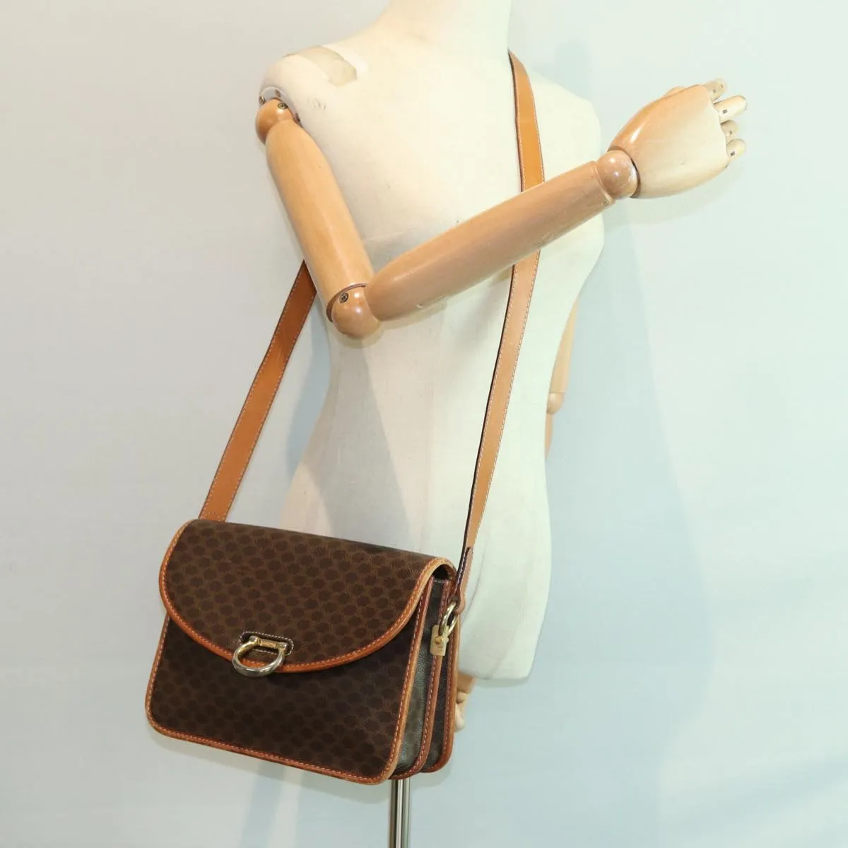 CELINE Macadam Canvas Shoulder Bag PVC Leather Brown Gold 87054
