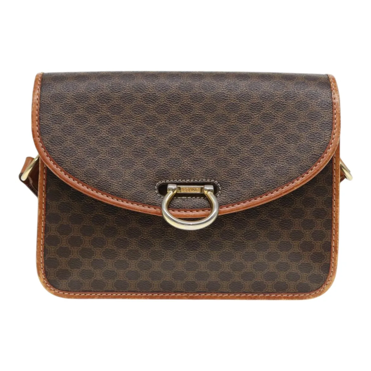 CELINE Macadam Canvas Shoulder Bag PVC Leather Brown Gold 87054