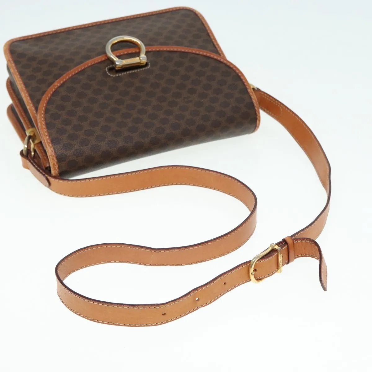 CELINE Macadam Canvas Shoulder Bag PVC Leather Brown Gold 87054