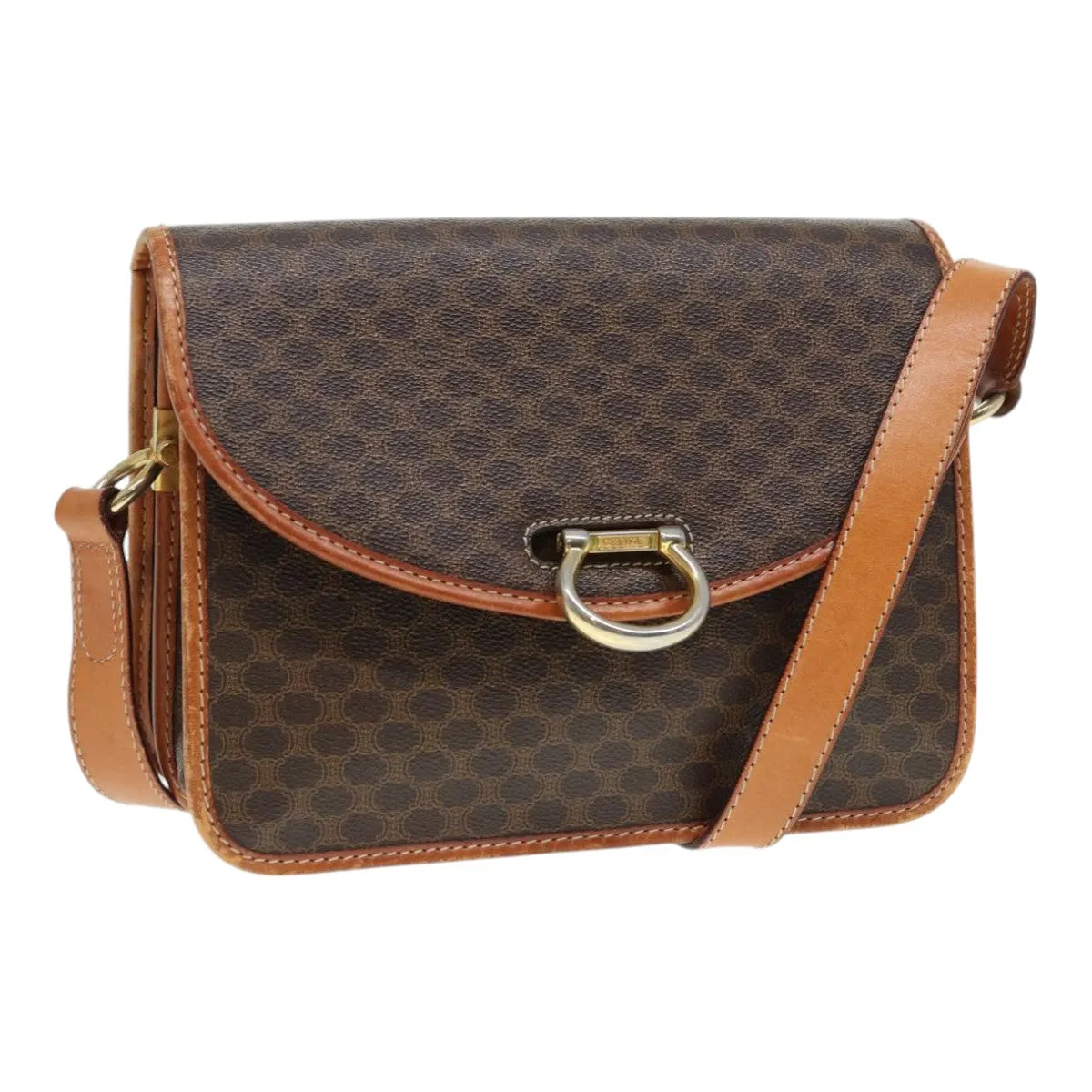 CELINE Macadam Canvas Shoulder Bag PVC Leather Brown Gold 87054