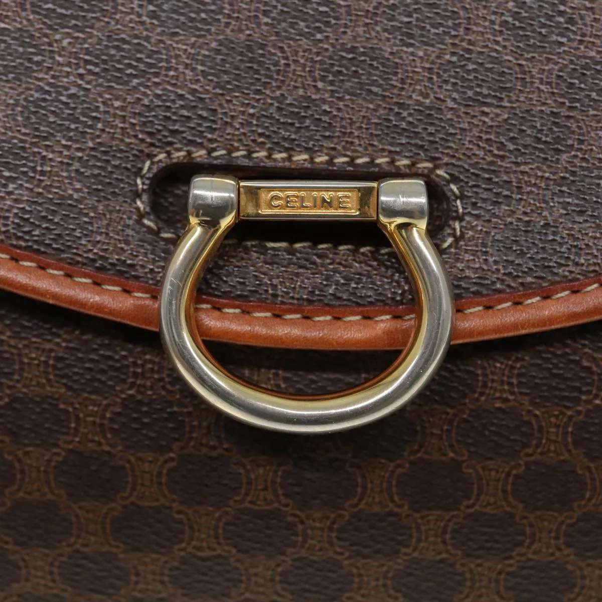 CELINE Macadam Canvas Shoulder Bag PVC Leather Brown Gold 87054