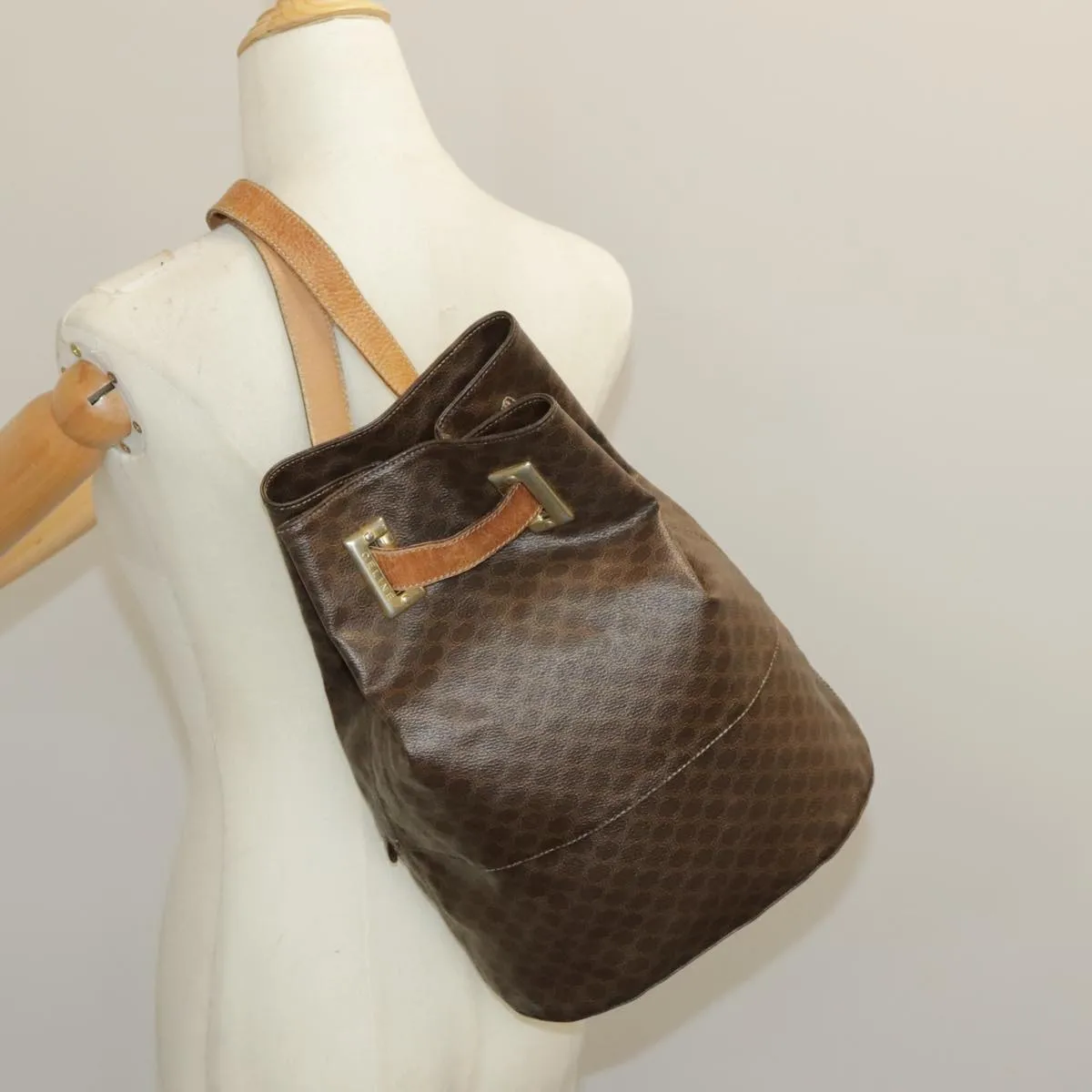 CELINE Macadam Canvas Shoulder Bag PVC Leather Brown Gold 96924