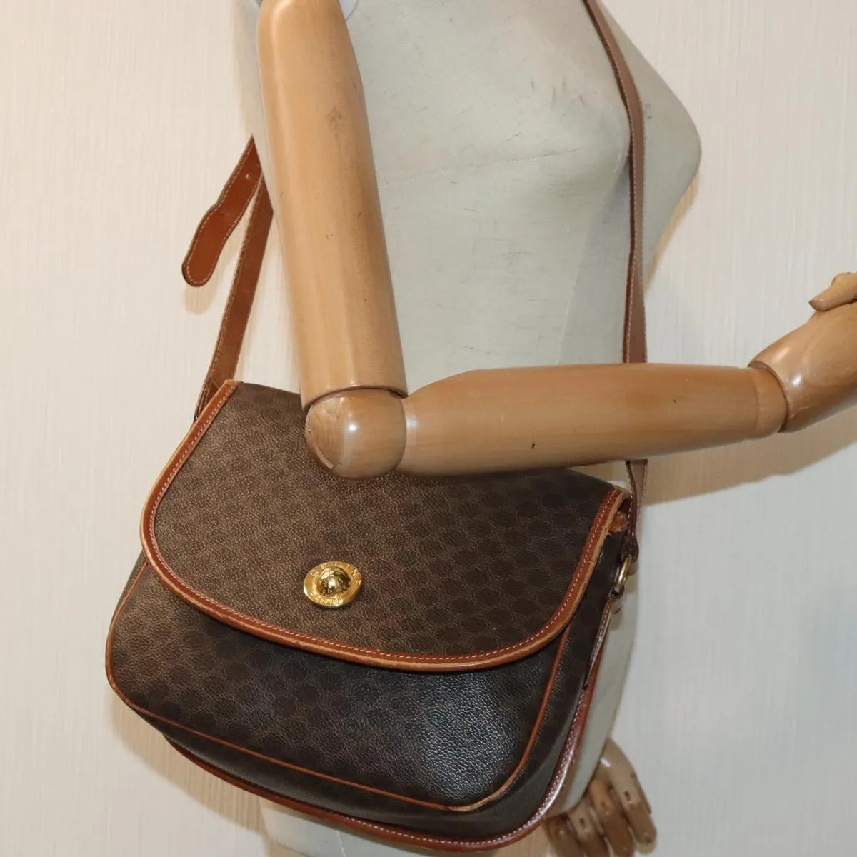 CELINE Macadam Canvas Shoulder Bag PVC Leather Brown Gold ep5894