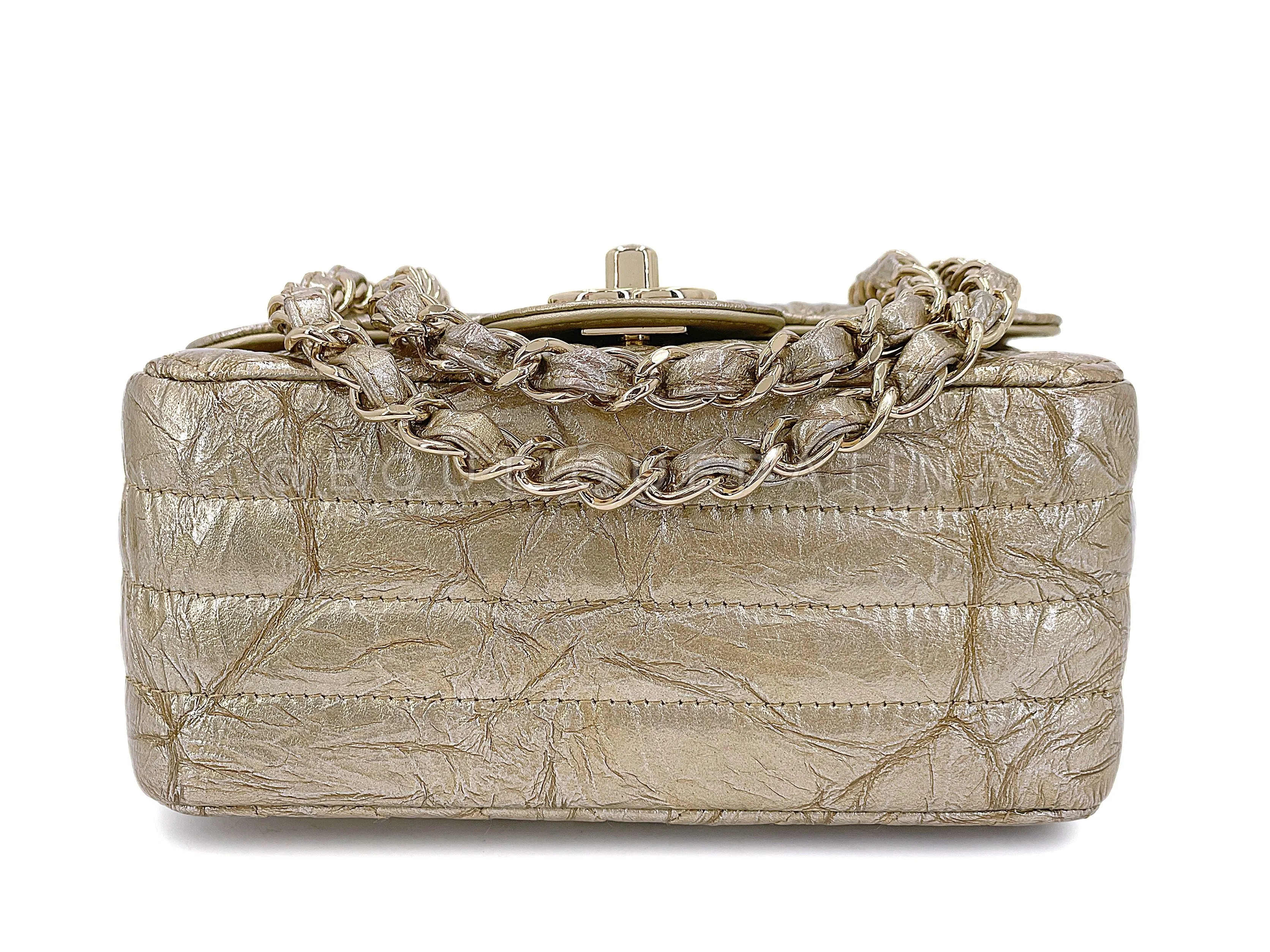 Chanel 18S Distressed Gold Crumpled Calf Patent Chevron Square Mini Flap Bag