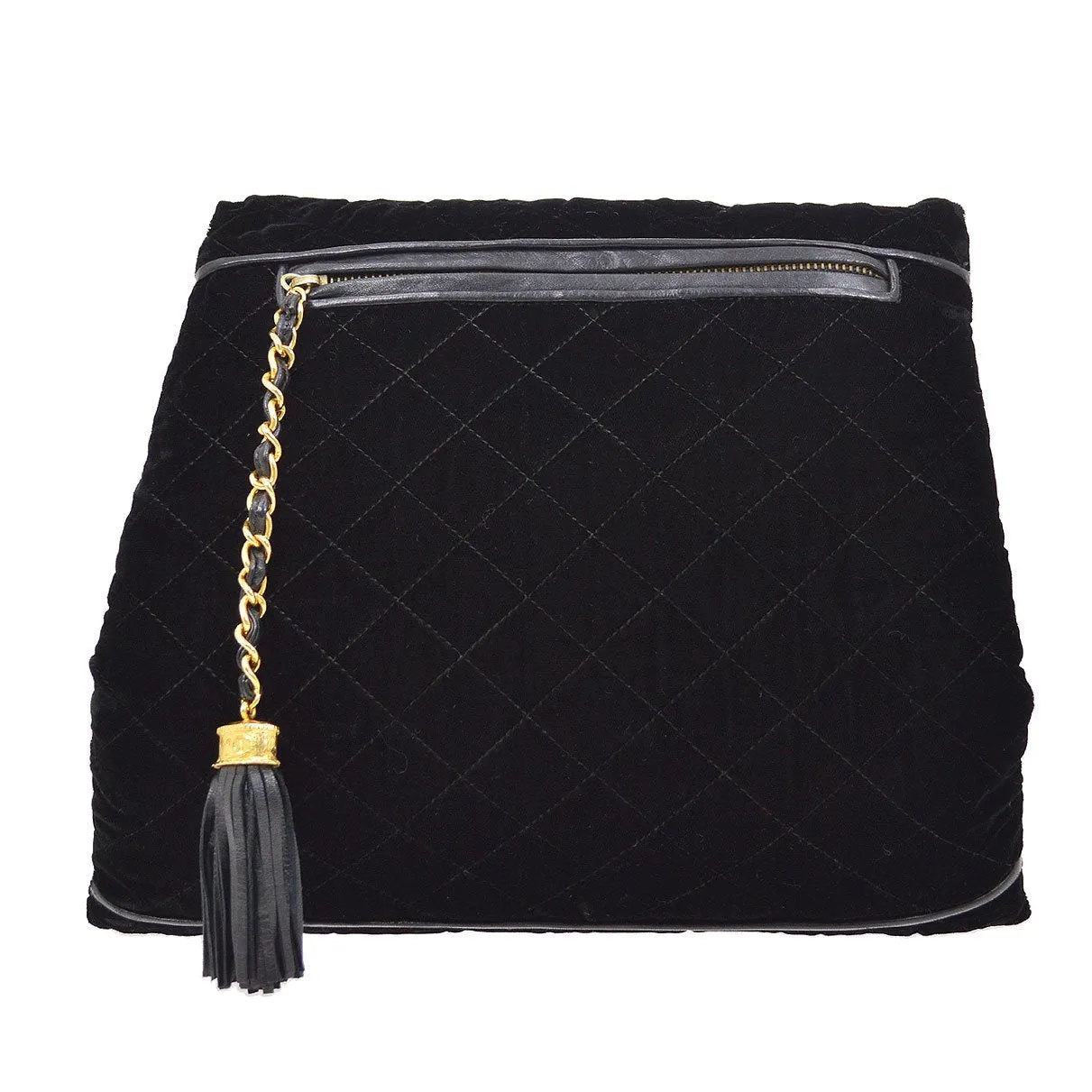 CHANEL 1986-1988 Fringe Hand Warmer Clutch Bag Black Velvet