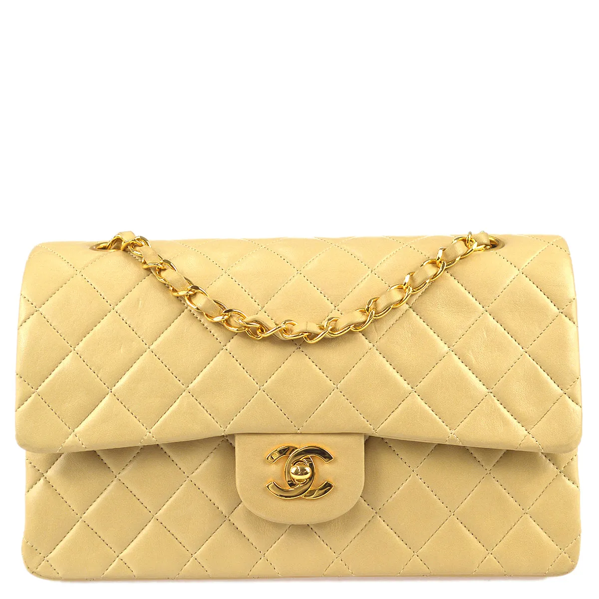 Chanel 1994-1996 Classic Double Flap Medium Shoulder Bag Beige Lambskin