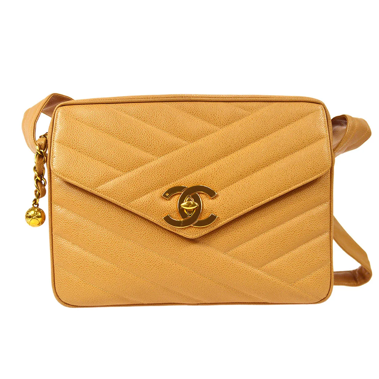 CHANEL 1994-1996 Diagonal Pocket Camera Bag Jumbo Beige Caviar