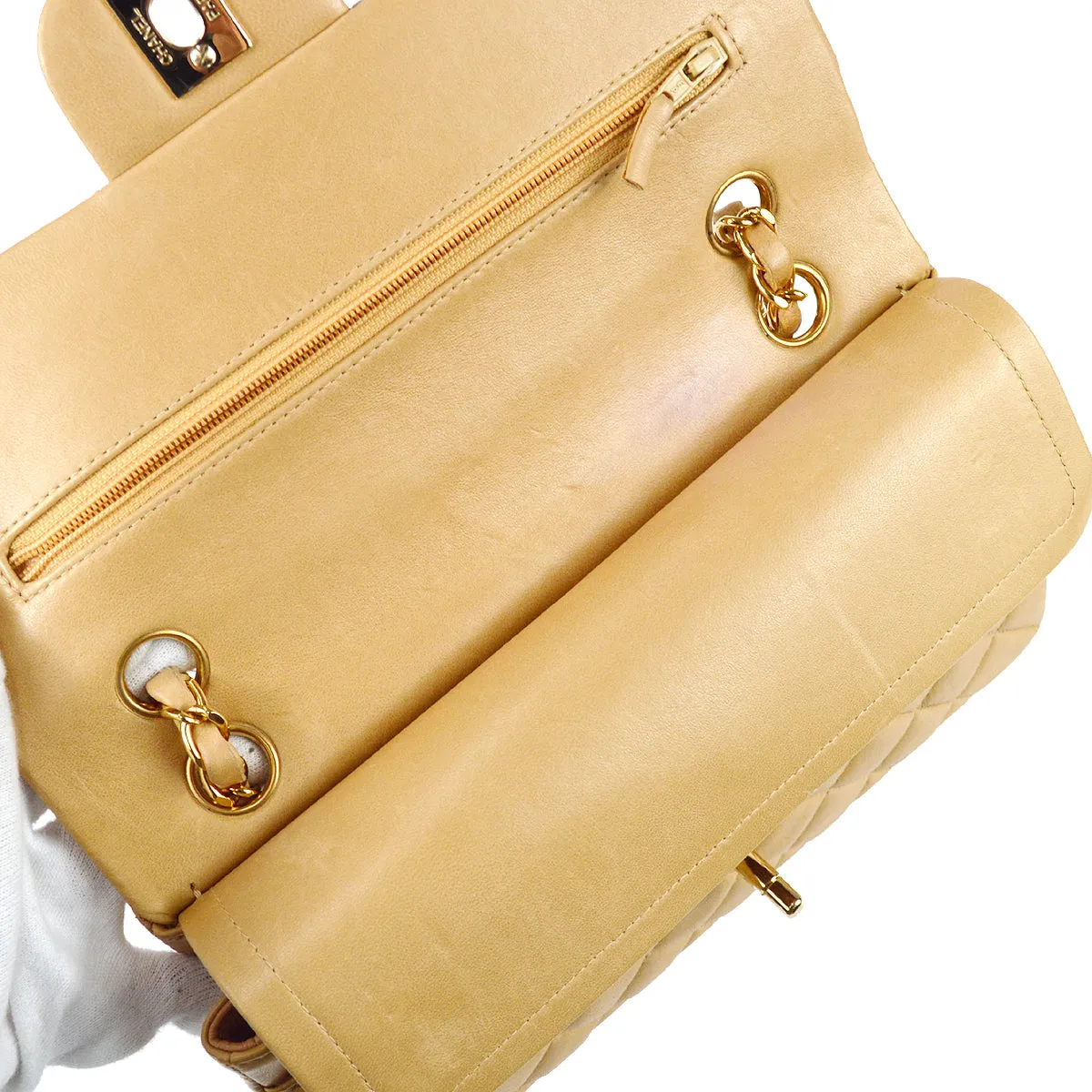 Chanel 2000-2001 Classic Double Flap Small Shoulder Bag Beige Lambskin