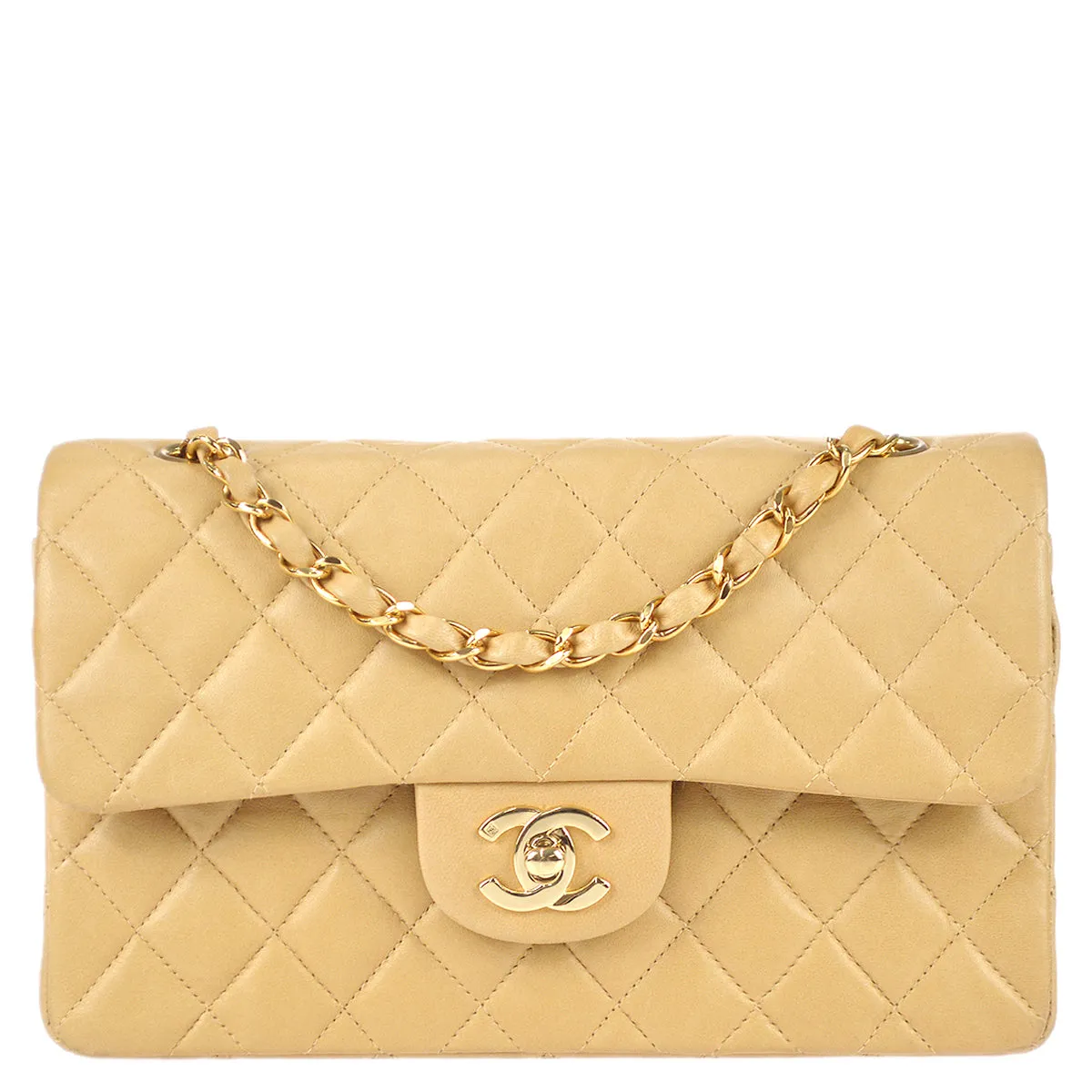 Chanel 2000-2001 Classic Double Flap Small Shoulder Bag Beige Lambskin