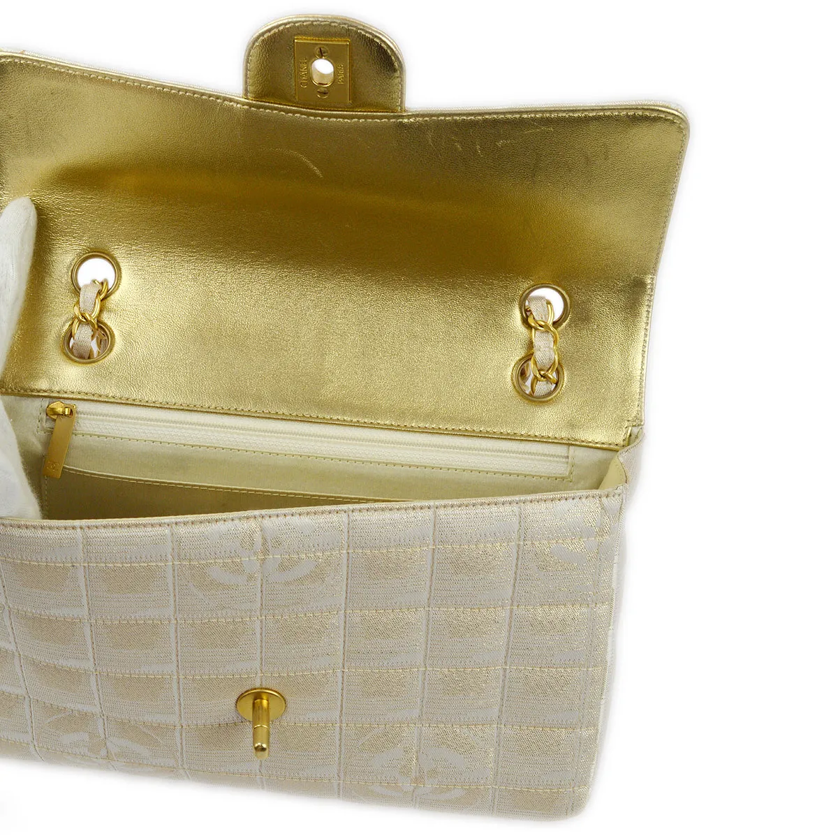 Chanel 2000-2001 Gold Jacquard Nylon Travel Line Shoulder Bag