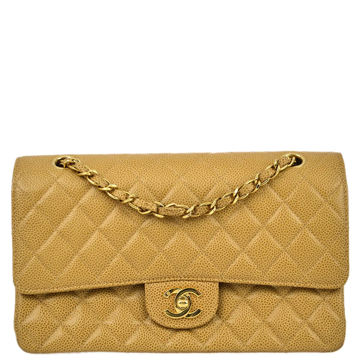 Chanel 2001-2003 Beige Caviar Medium Classic Double Flap Bag SHW