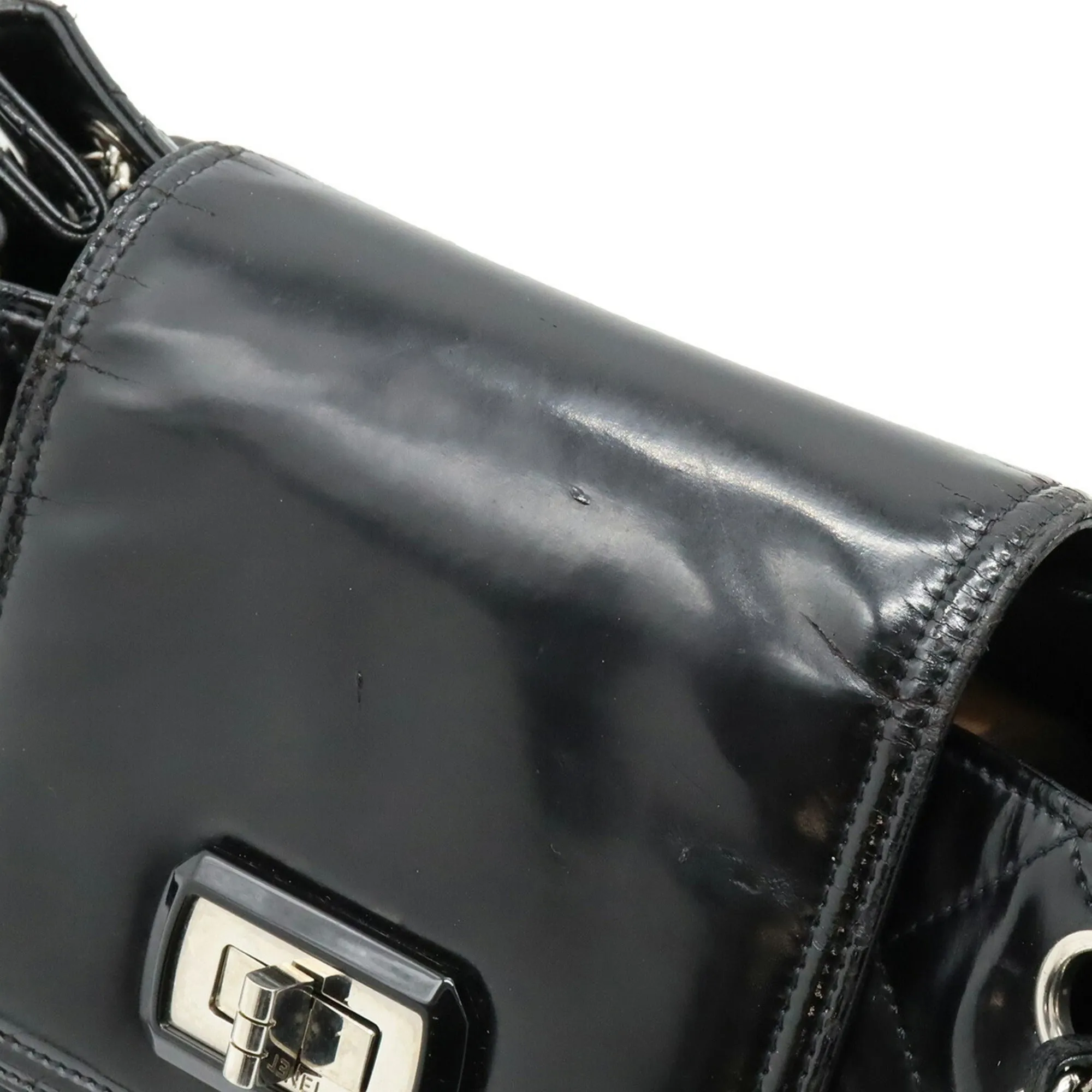 CHANEL 2.55 Matelasse W Chain Bag Shoulder Patent Leather Black