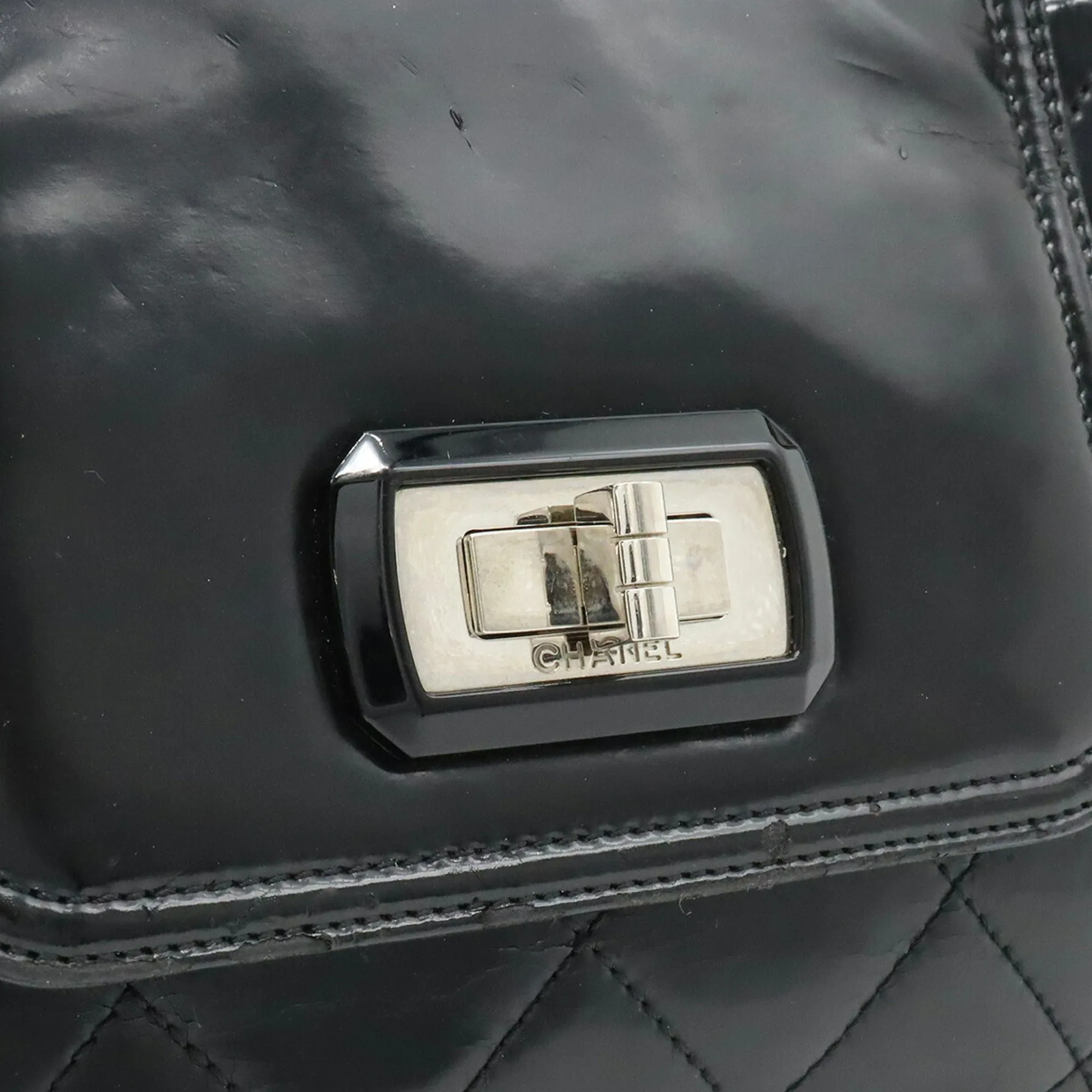CHANEL 2.55 Matelasse W Chain Bag Shoulder Patent Leather Black