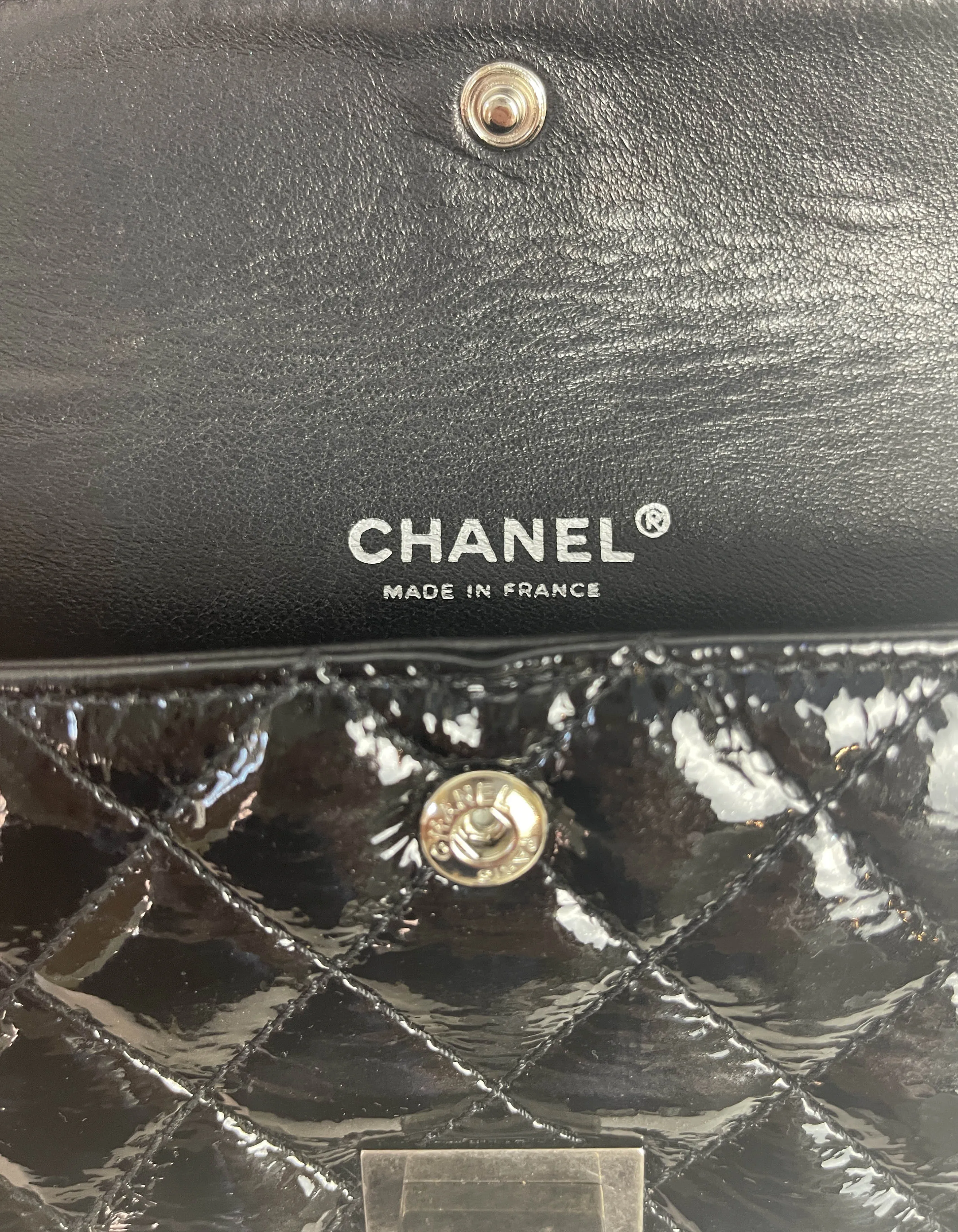 Chanel Black Aged Patent Leather 2.55 Reissue Clutch Bag