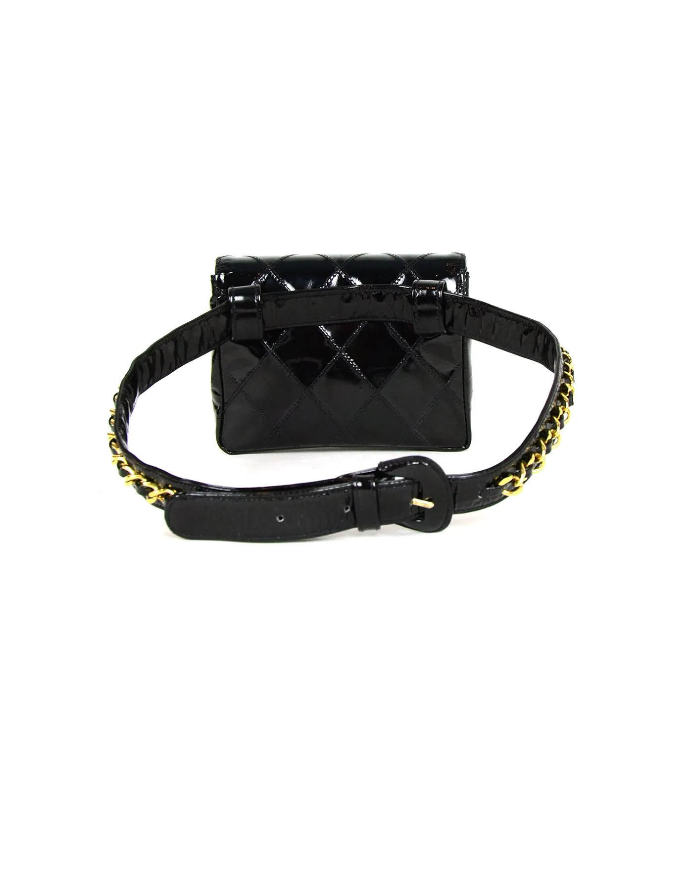 Chanel Black Patent Leather Quilted CC Twist-lock Leather Laced Belt Bag