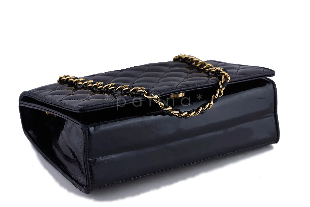 Chanel Black Patent Quilted Vintage Timeless Logo Classic Flap Bag