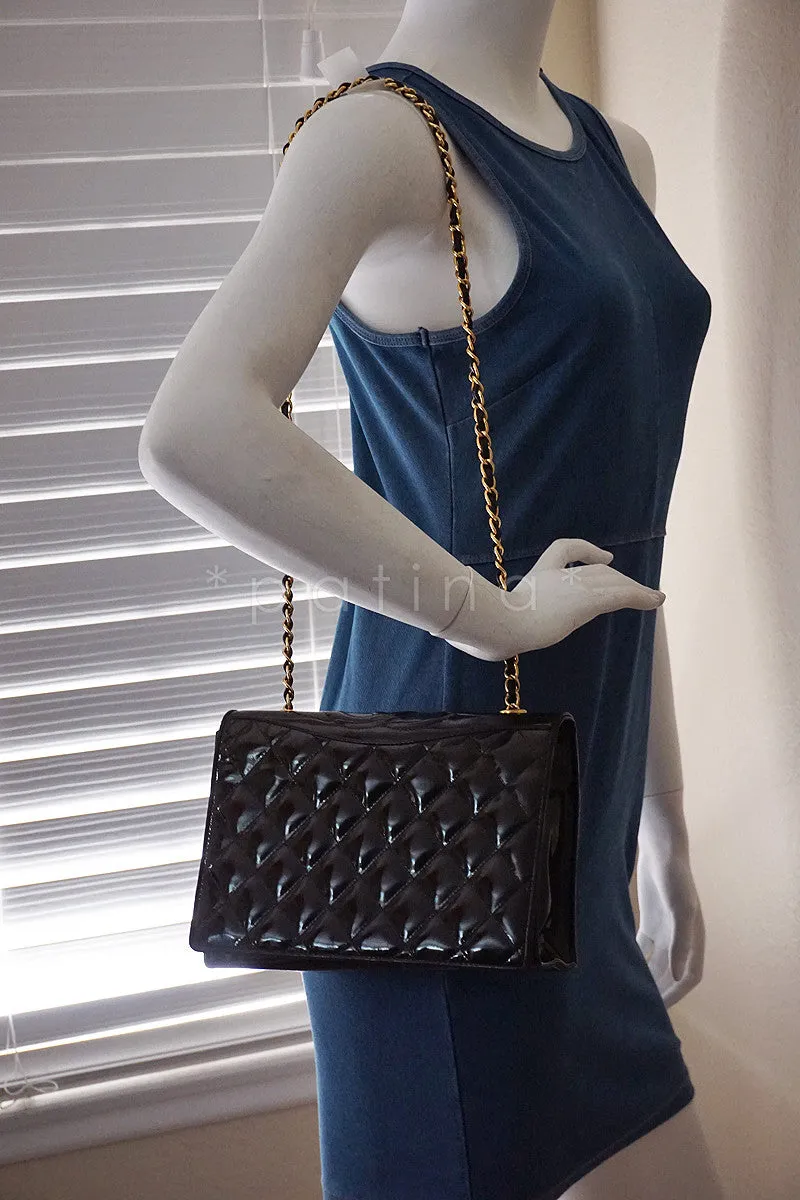Chanel Black Patent Quilted Vintage Timeless Logo Classic Flap Bag