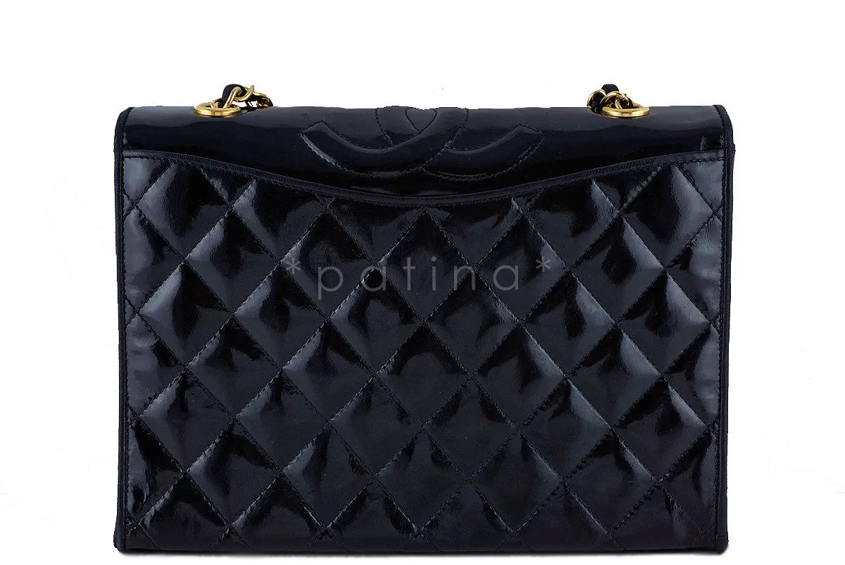 Chanel Black Patent Quilted Vintage Timeless Logo Classic Flap Bag