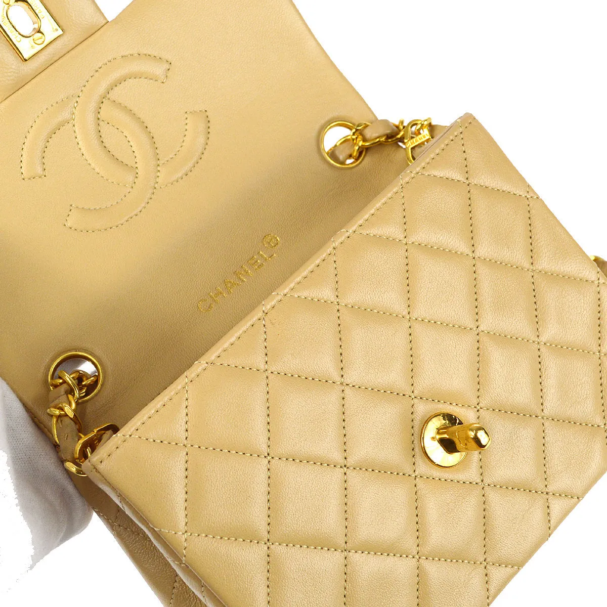 Chanel * Classic Flap Mini Square Chain Shoulder Bag Beige Lambskin