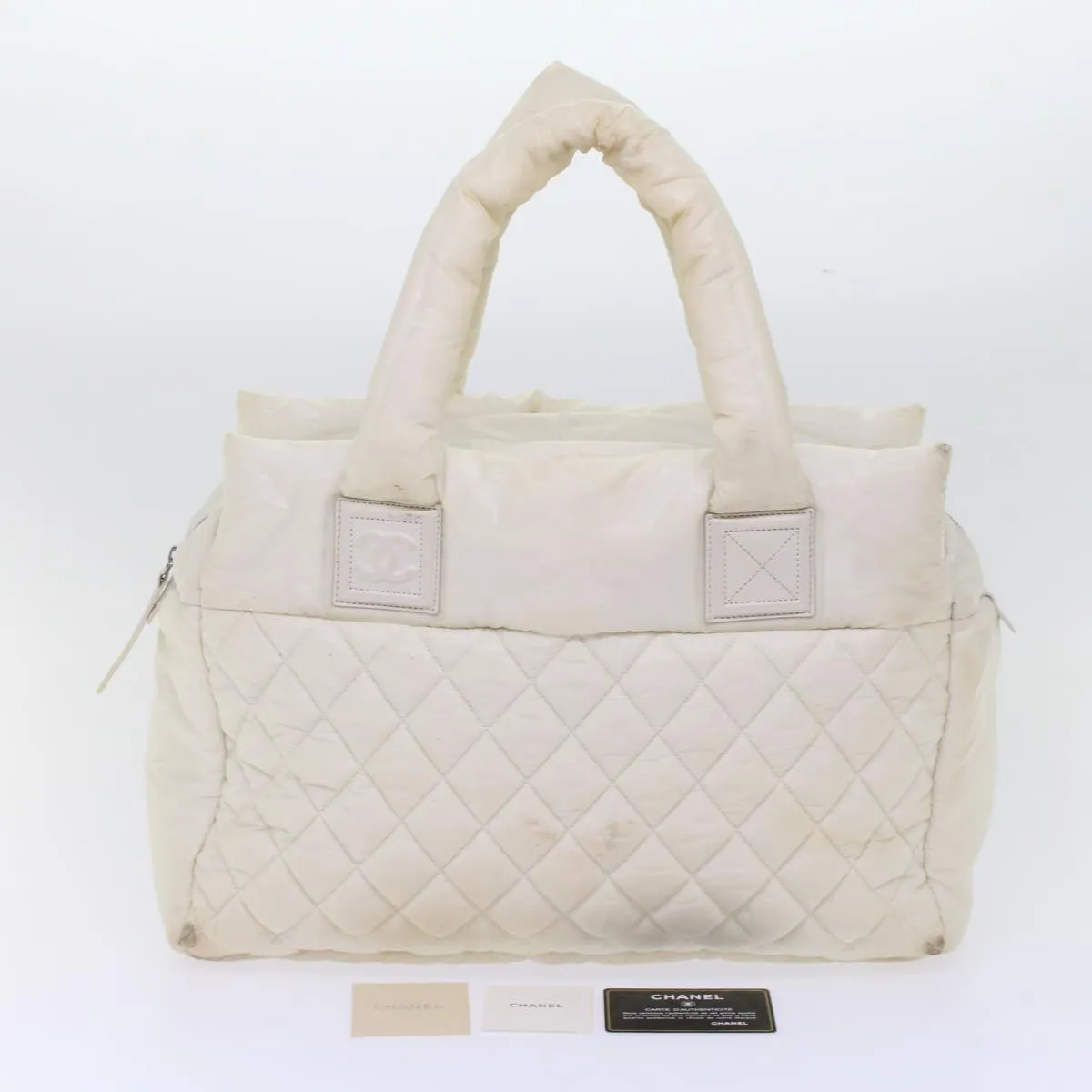 CHANEL Coco Cocoon Hand Bag Patent Leather White CC  bs6942