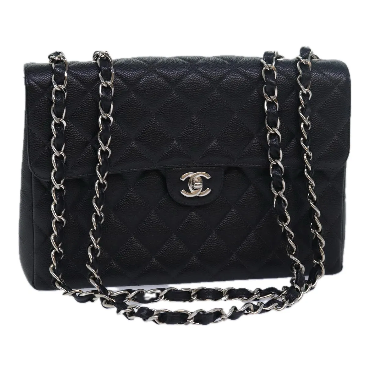 CHANEL Matelasse 30 Turn Lock Chain Bag Caviar Skin Black CC ar11992A