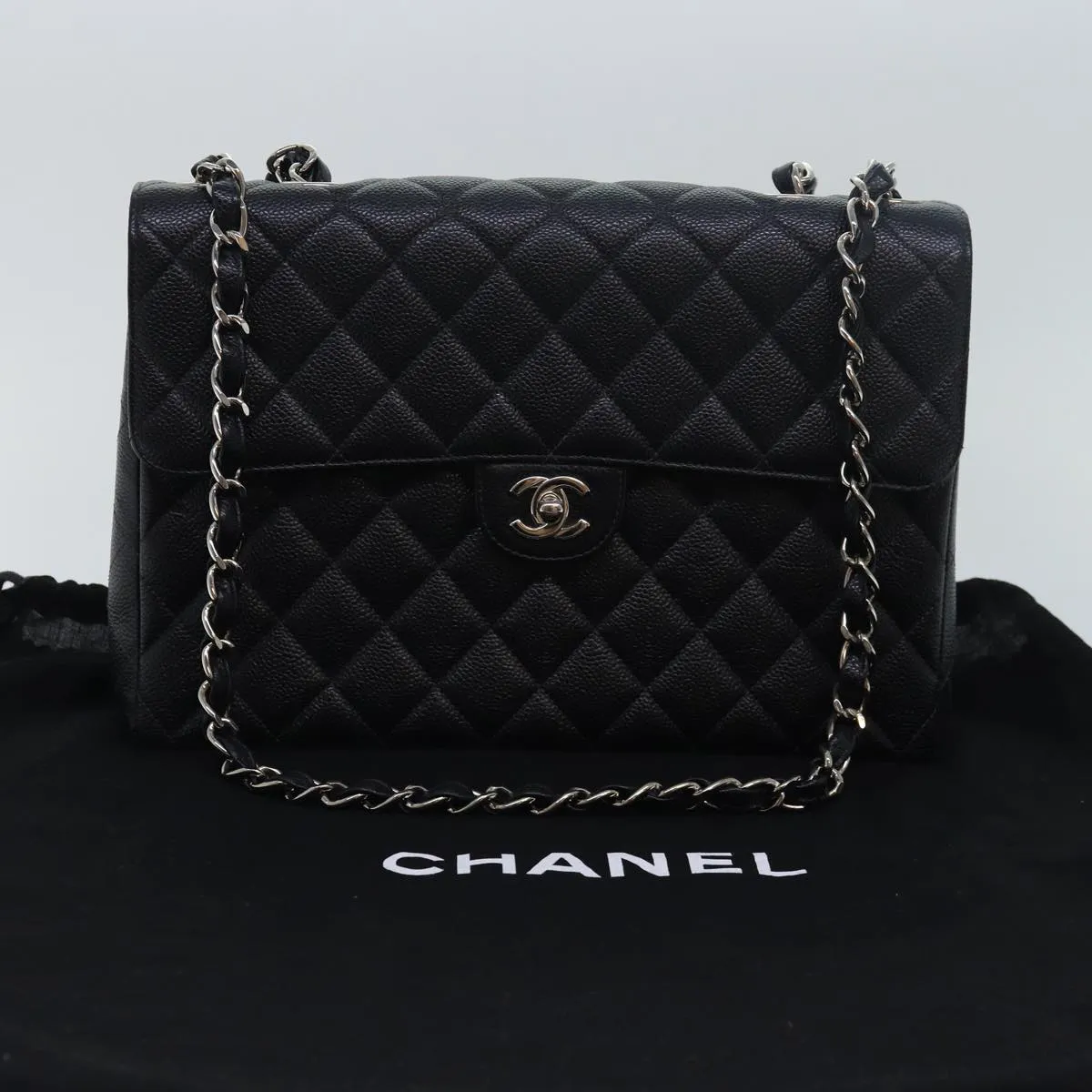 CHANEL Matelasse 30 Turn Lock Chain Bag Caviar Skin Black CC ar11992A