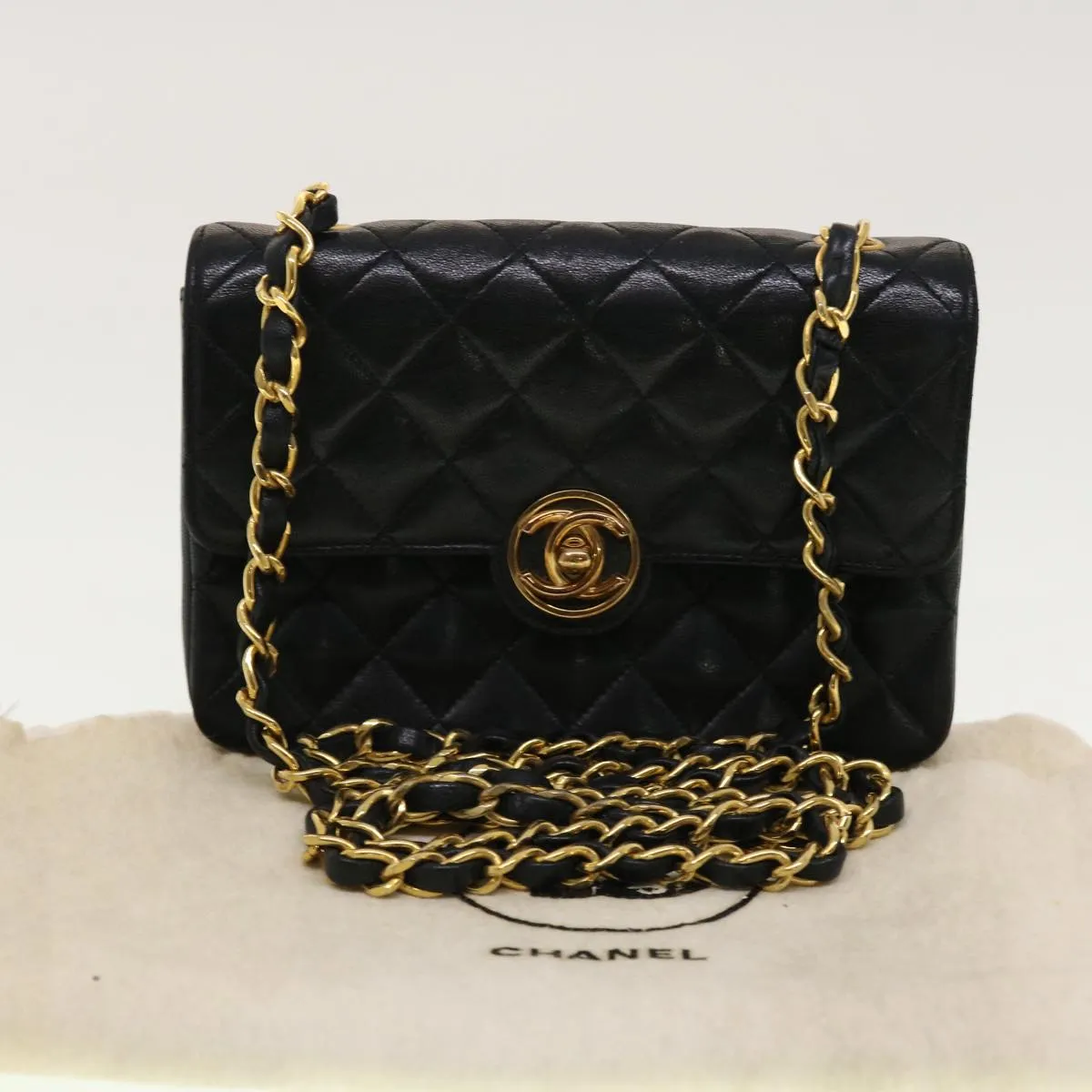 CHANEL Mini Matelasse Chain Shoulder Bag Lamb Skin Black CC 42862A