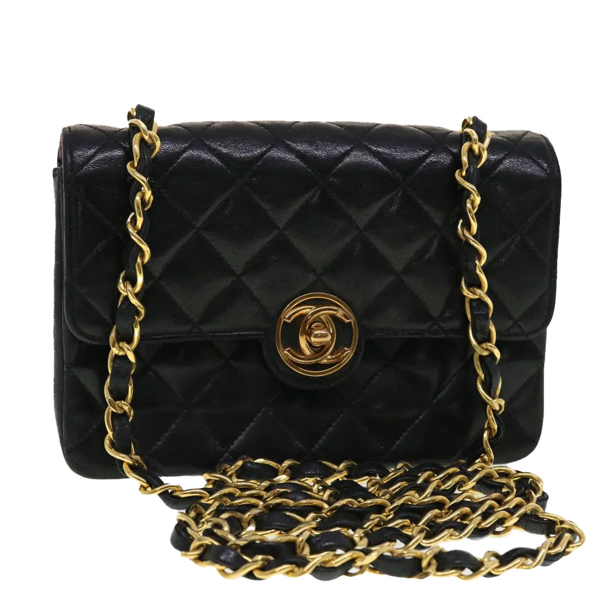 CHANEL Mini Matelasse Chain Shoulder Bag Lamb Skin Black CC 42862A