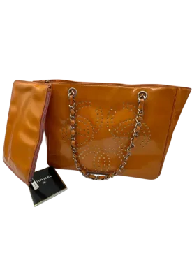 CHANEL Triple Coco Orange Patent Leather Chain Tote Bag