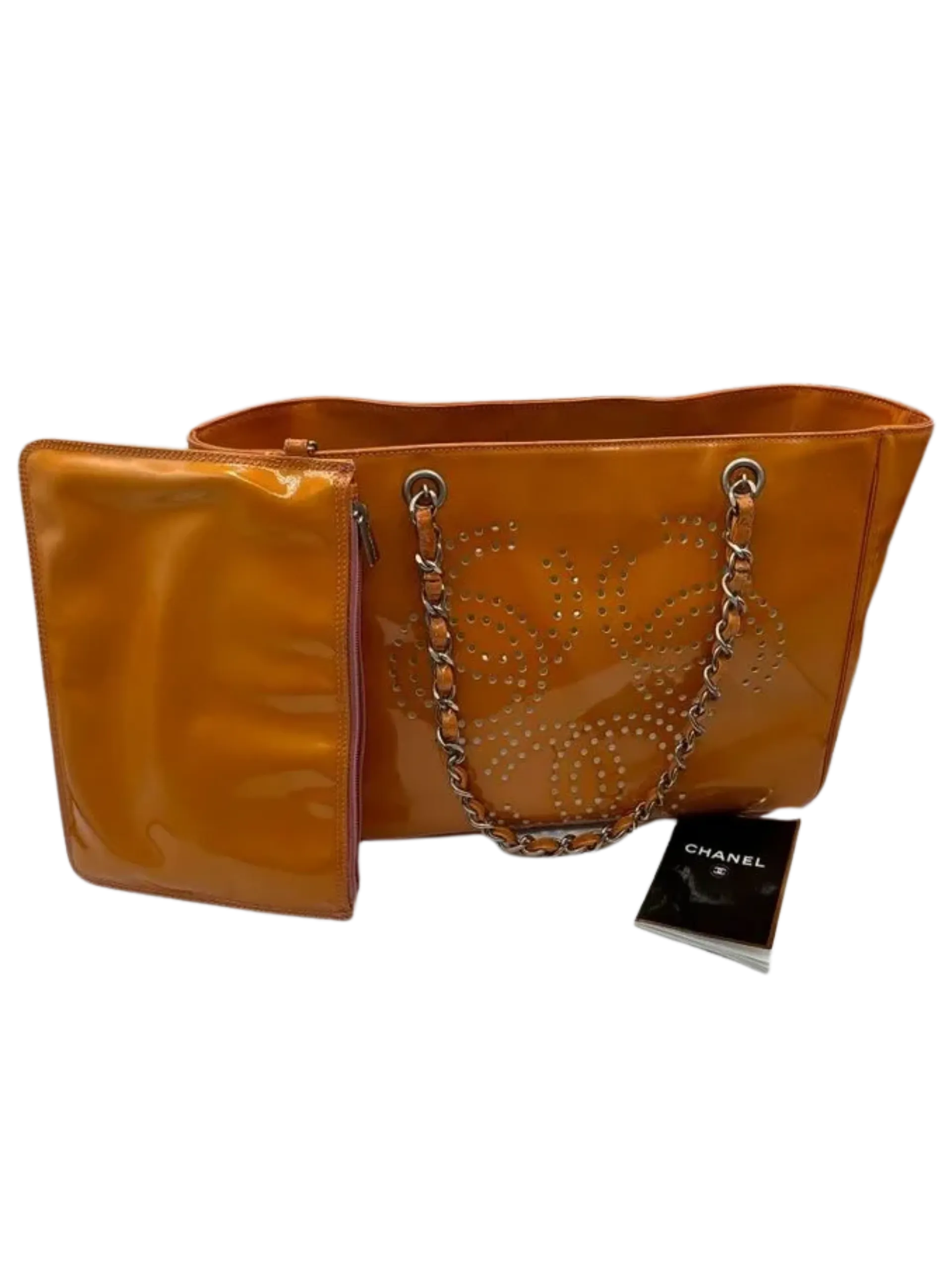 CHANEL Triple Coco Orange Patent Leather Chain Tote Bag