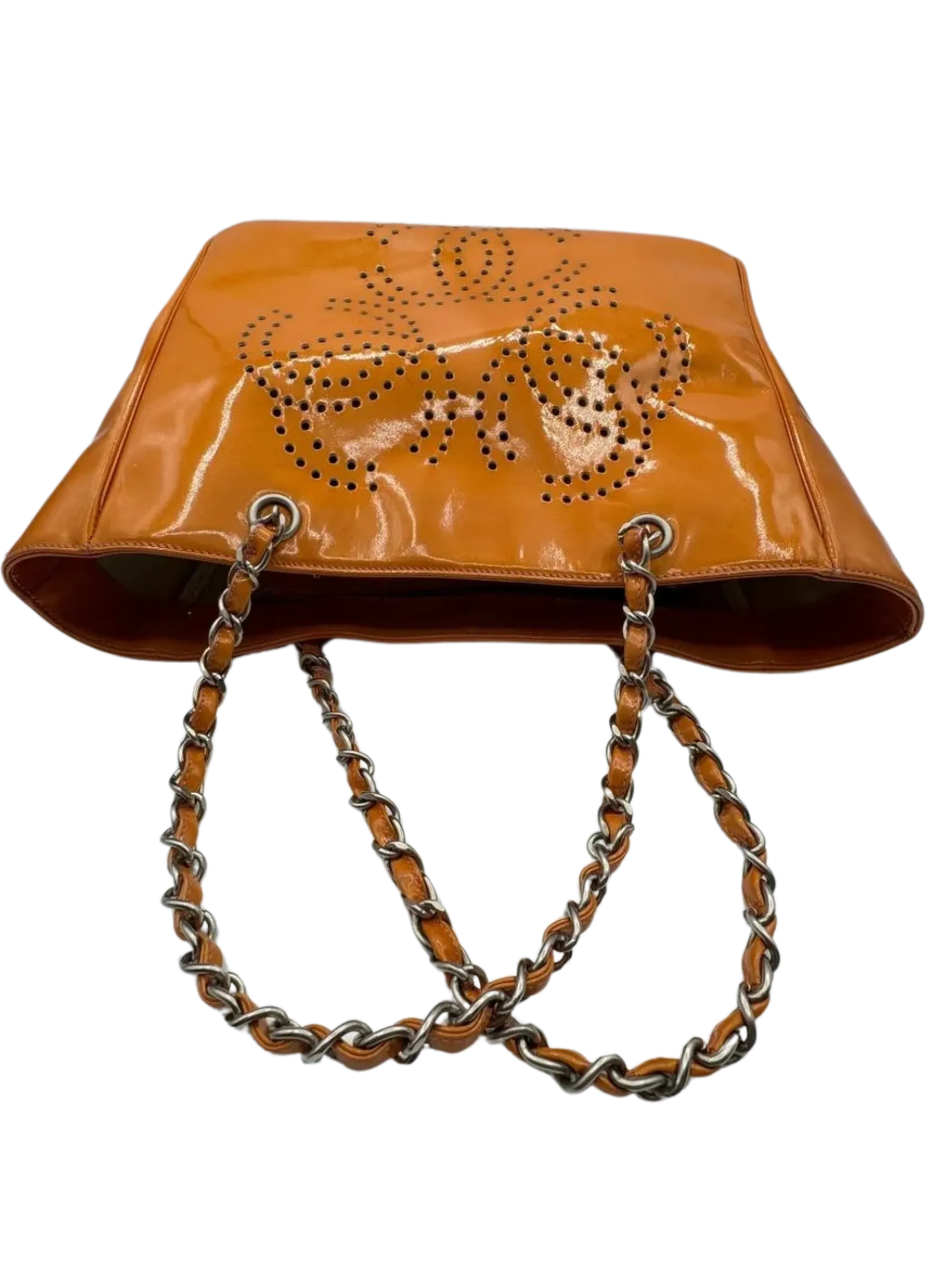 CHANEL Triple Coco Orange Patent Leather Chain Tote Bag