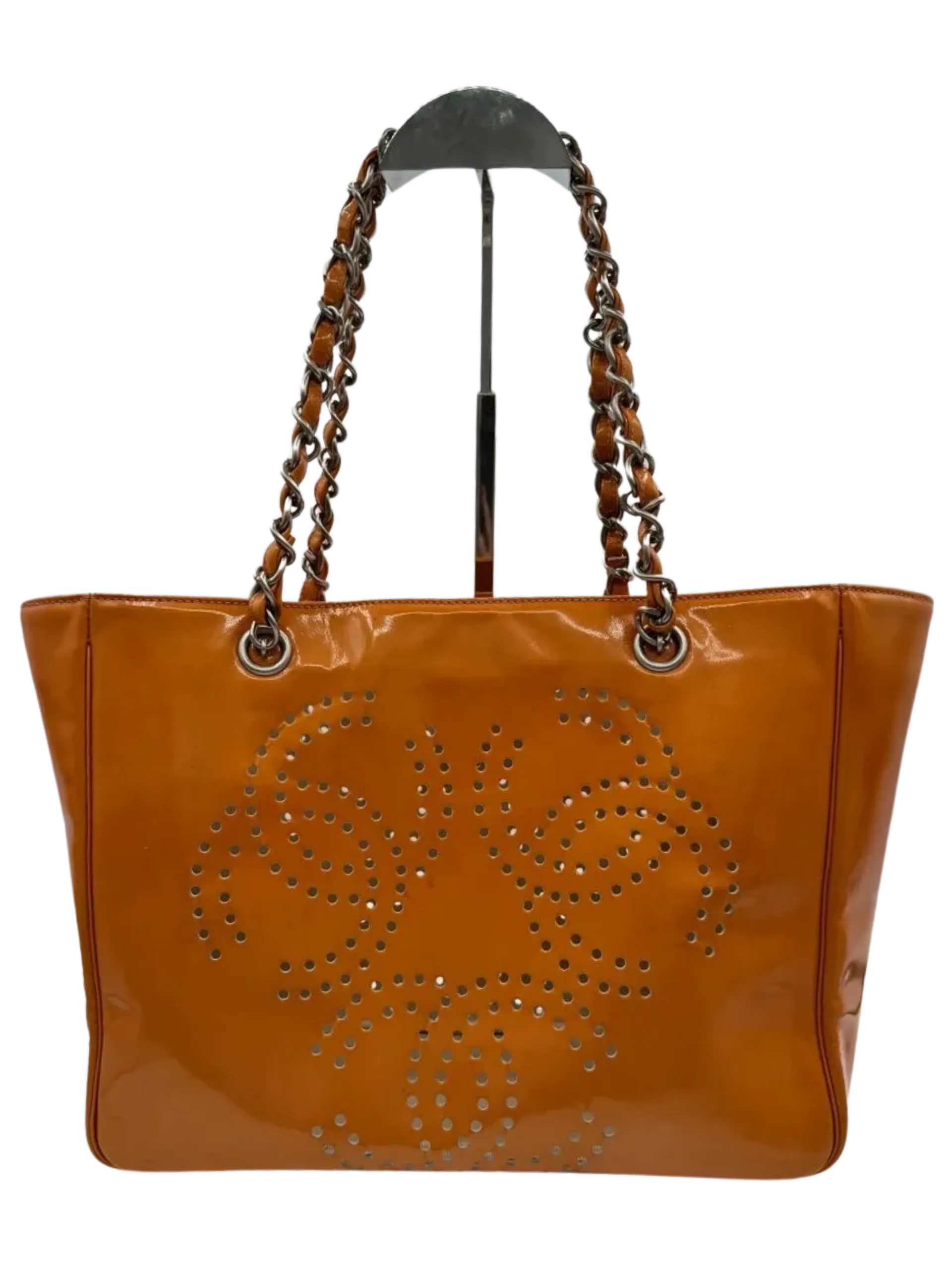 CHANEL Triple Coco Orange Patent Leather Chain Tote Bag