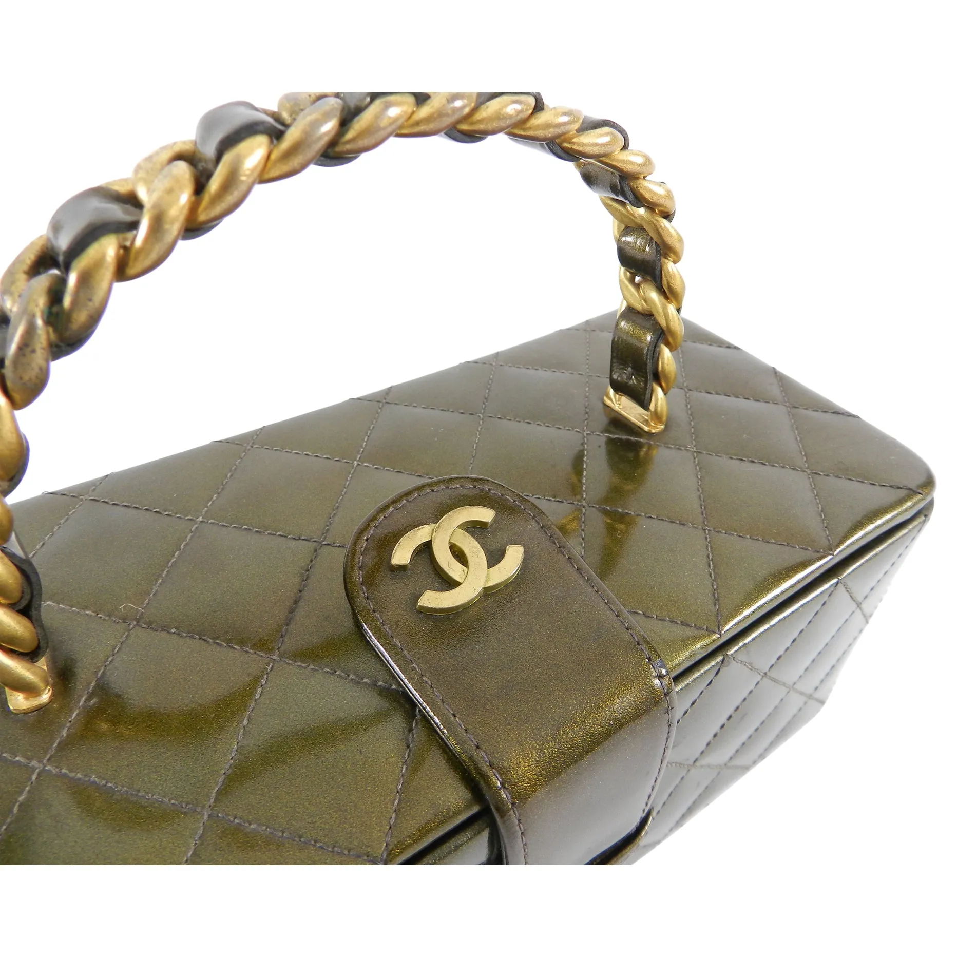 Chanel Vintage 1994 Olive Green Patent Vanity Case Bag