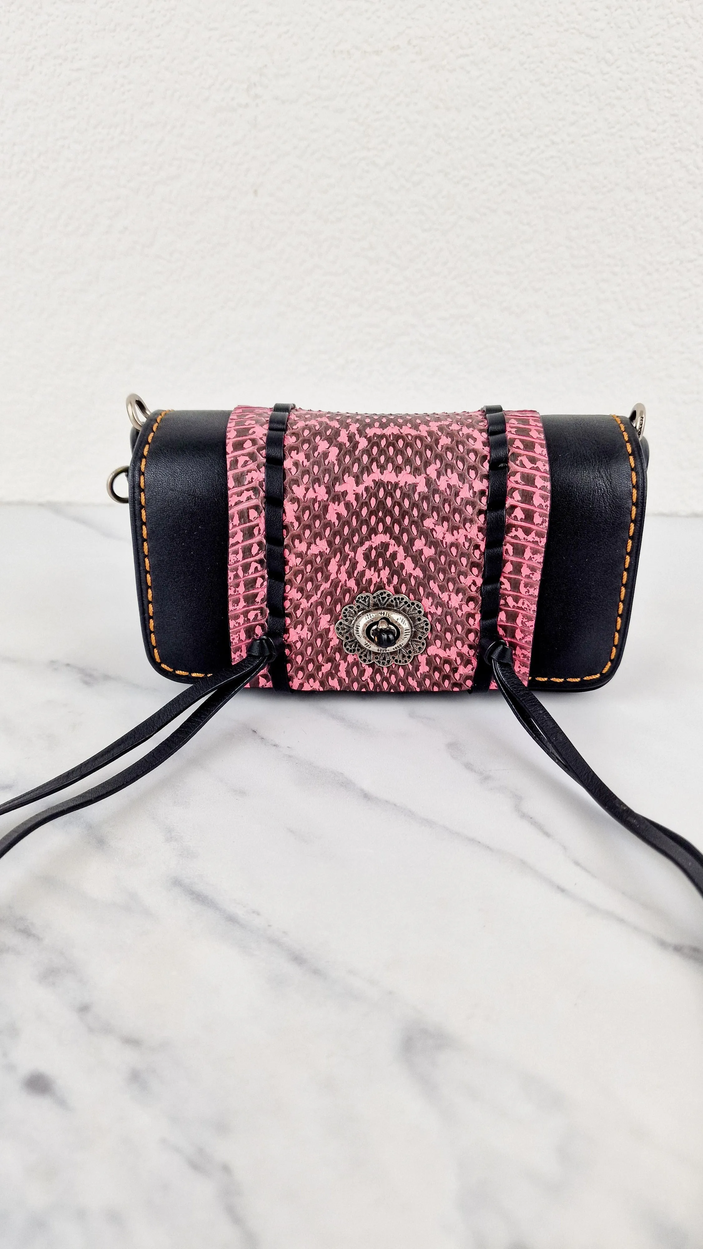 Coach 1941 Dinkier with Whipstitch Snake Trim in Black Smooth Leather With Pink Snakeskin - Crossbody Bag Clutch Mini Dinky - Coach 86819