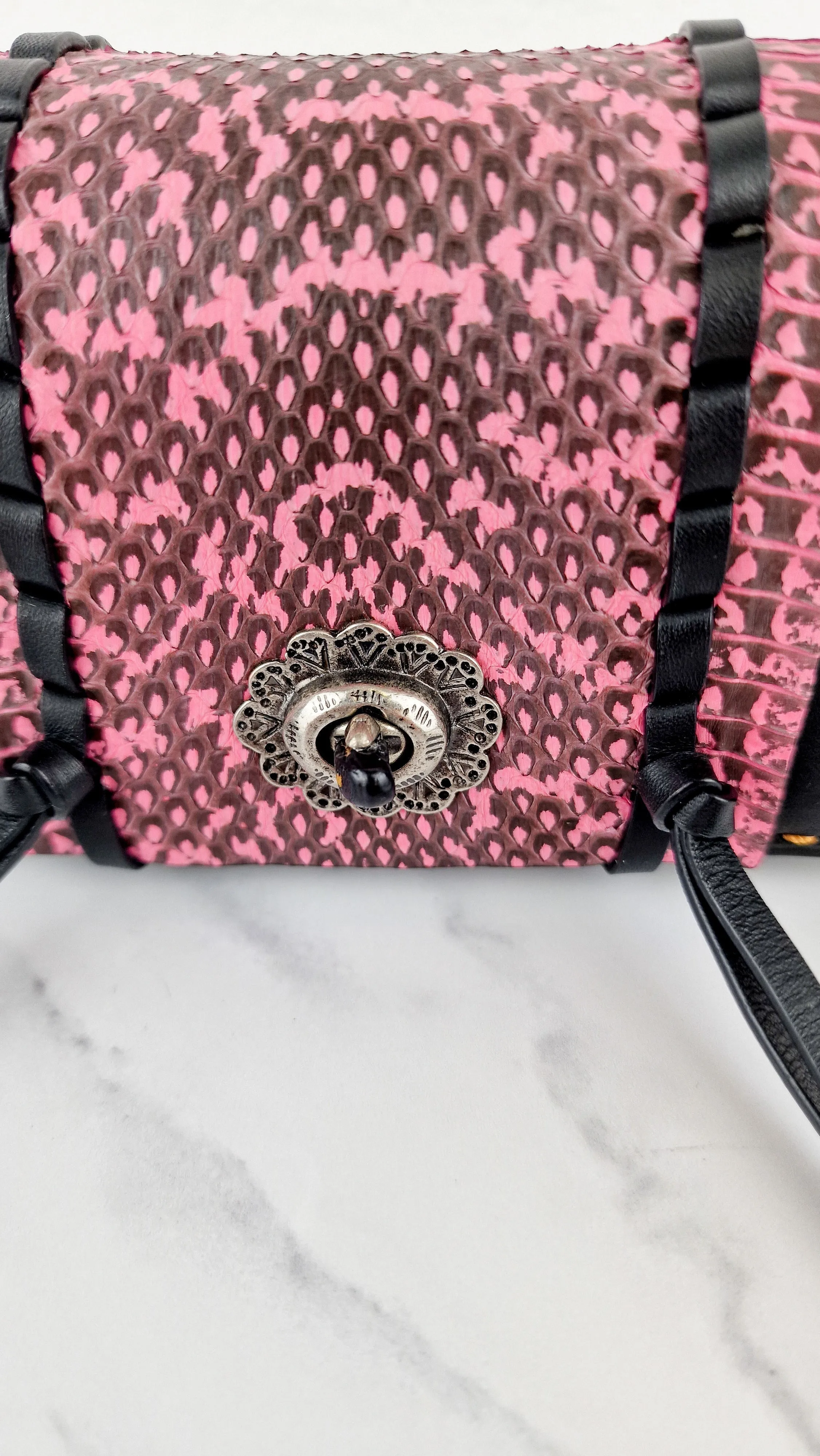 Coach 1941 Dinkier with Whipstitch Snake Trim in Black Smooth Leather With Pink Snakeskin - Crossbody Bag Clutch Mini Dinky - Coach 86819