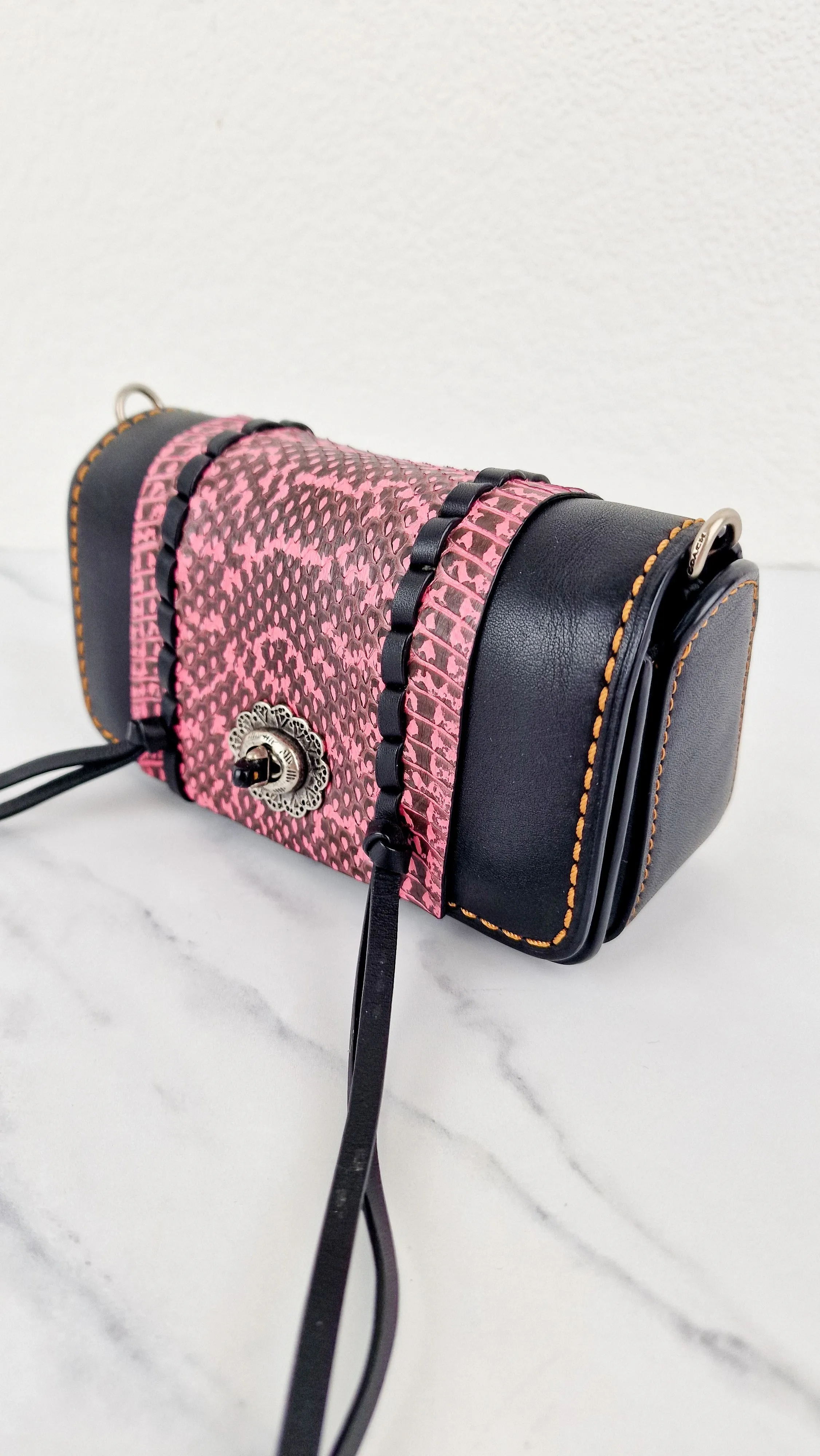 Coach 1941 Dinkier with Whipstitch Snake Trim in Black Smooth Leather With Pink Snakeskin - Crossbody Bag Clutch Mini Dinky - Coach 86819