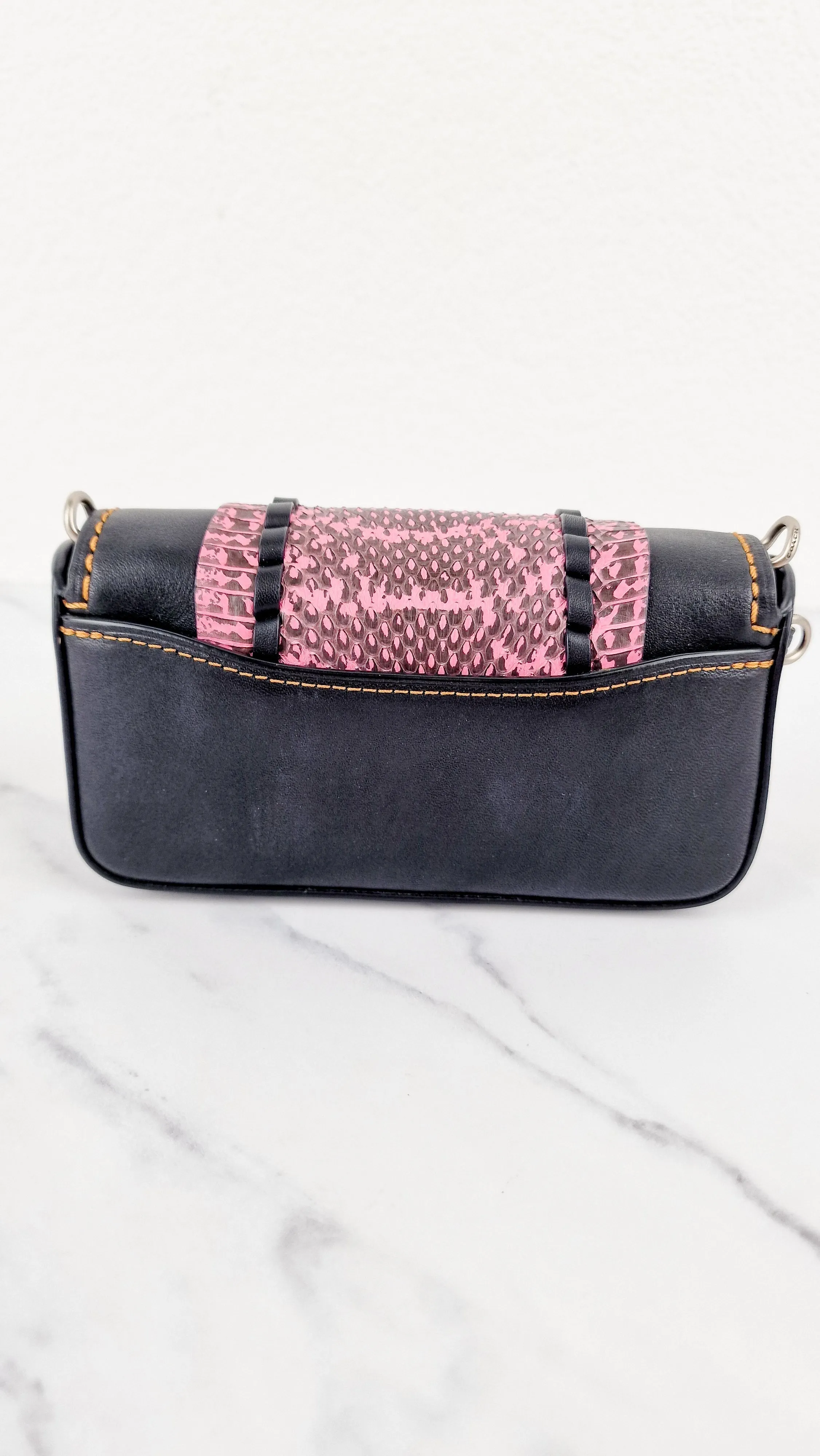 Coach 1941 Dinkier with Whipstitch Snake Trim in Black Smooth Leather With Pink Snakeskin - Crossbody Bag Clutch Mini Dinky - Coach 86819