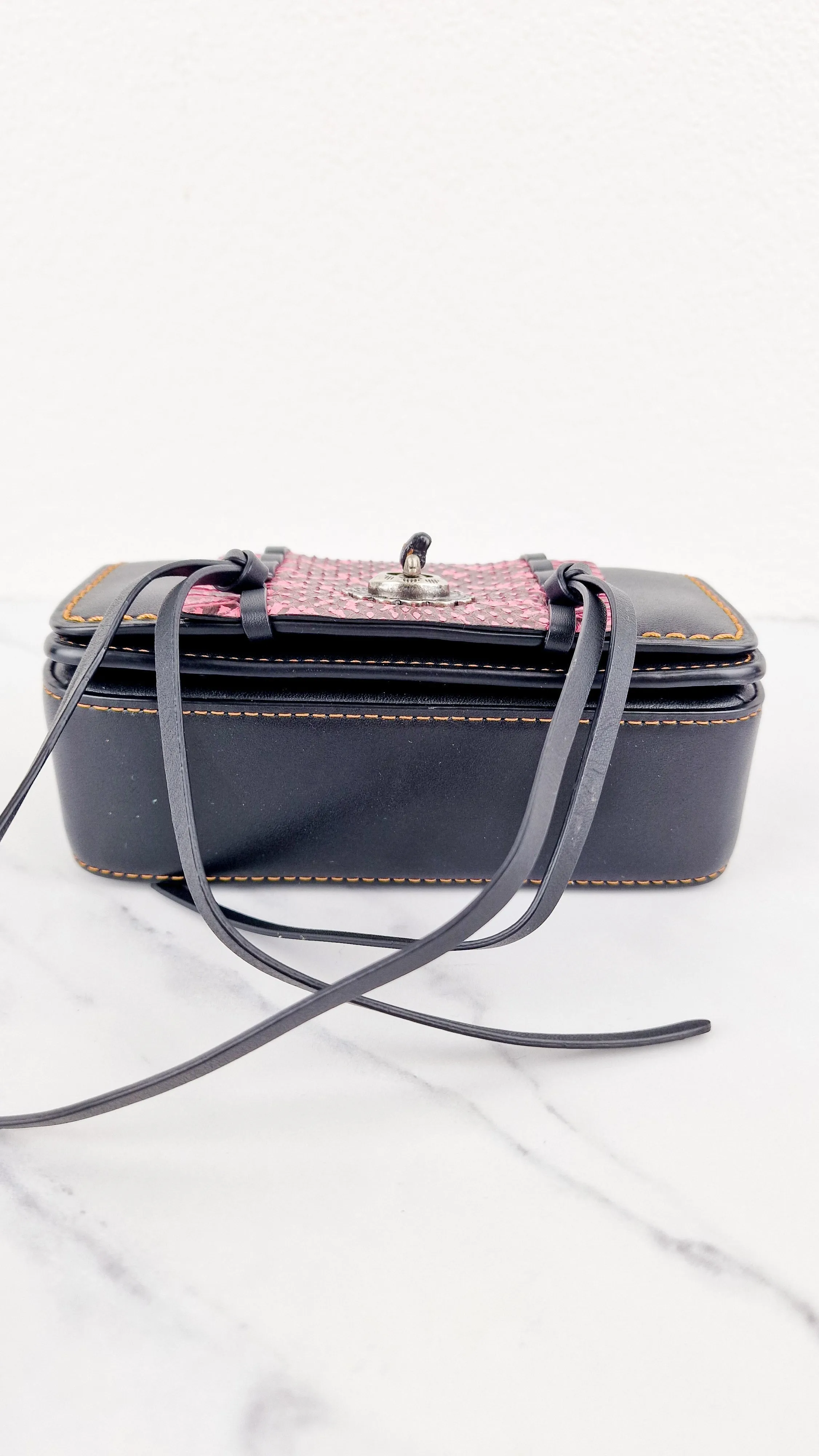 Coach 1941 Dinkier with Whipstitch Snake Trim in Black Smooth Leather With Pink Snakeskin - Crossbody Bag Clutch Mini Dinky - Coach 86819
