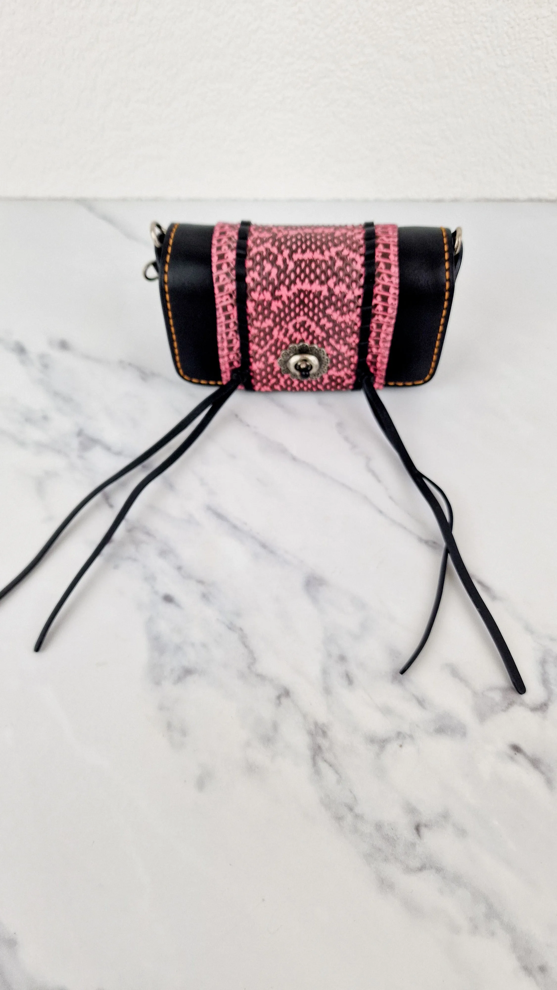 Coach 1941 Dinkier with Whipstitch Snake Trim in Black Smooth Leather With Pink Snakeskin - Crossbody Bag Clutch Mini Dinky - Coach 86819