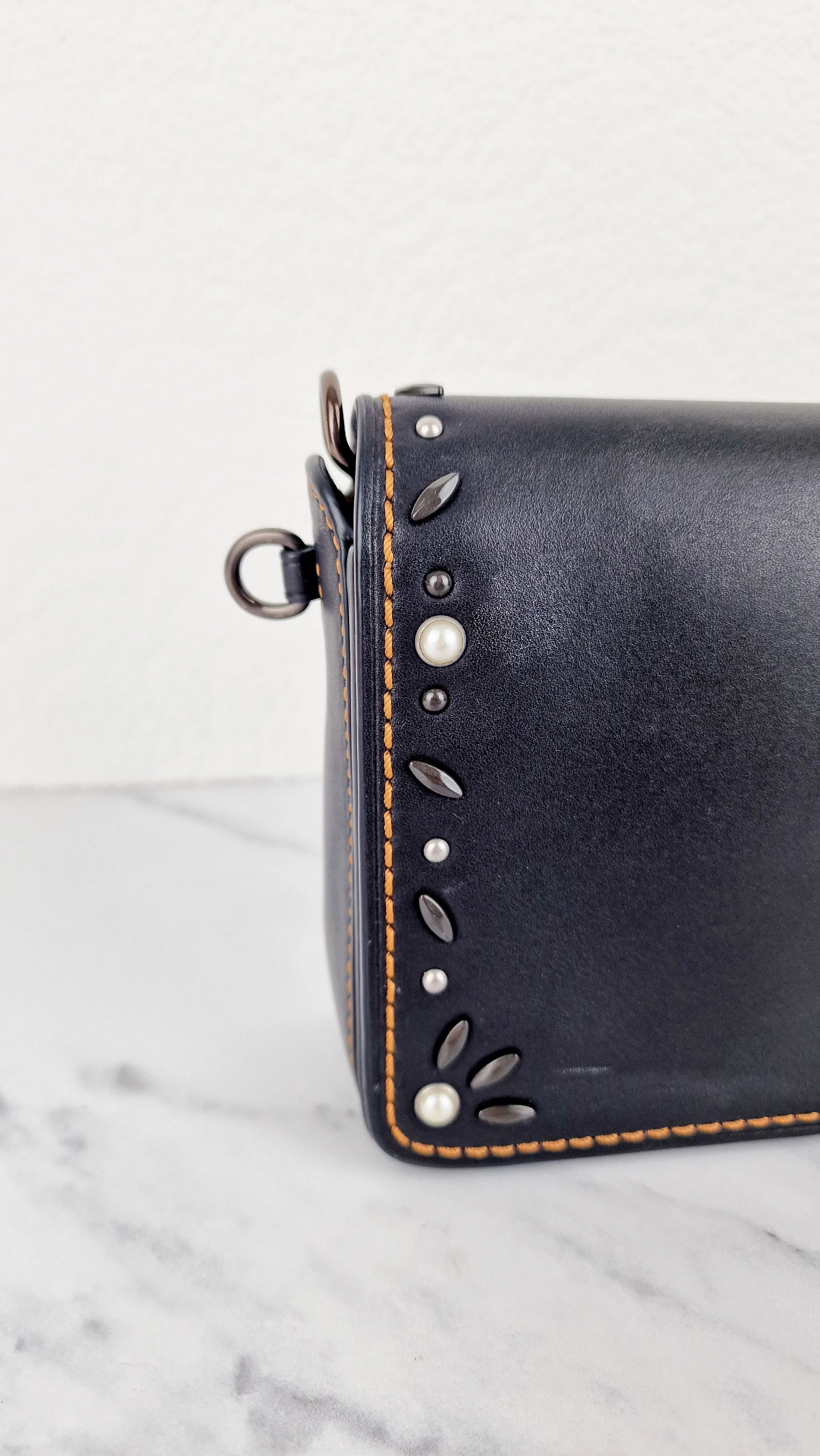 Coach 1941 Dinky Black with Customized Rivets Embellishment - Smooth Leather Crossbody Bag - Coach 37296