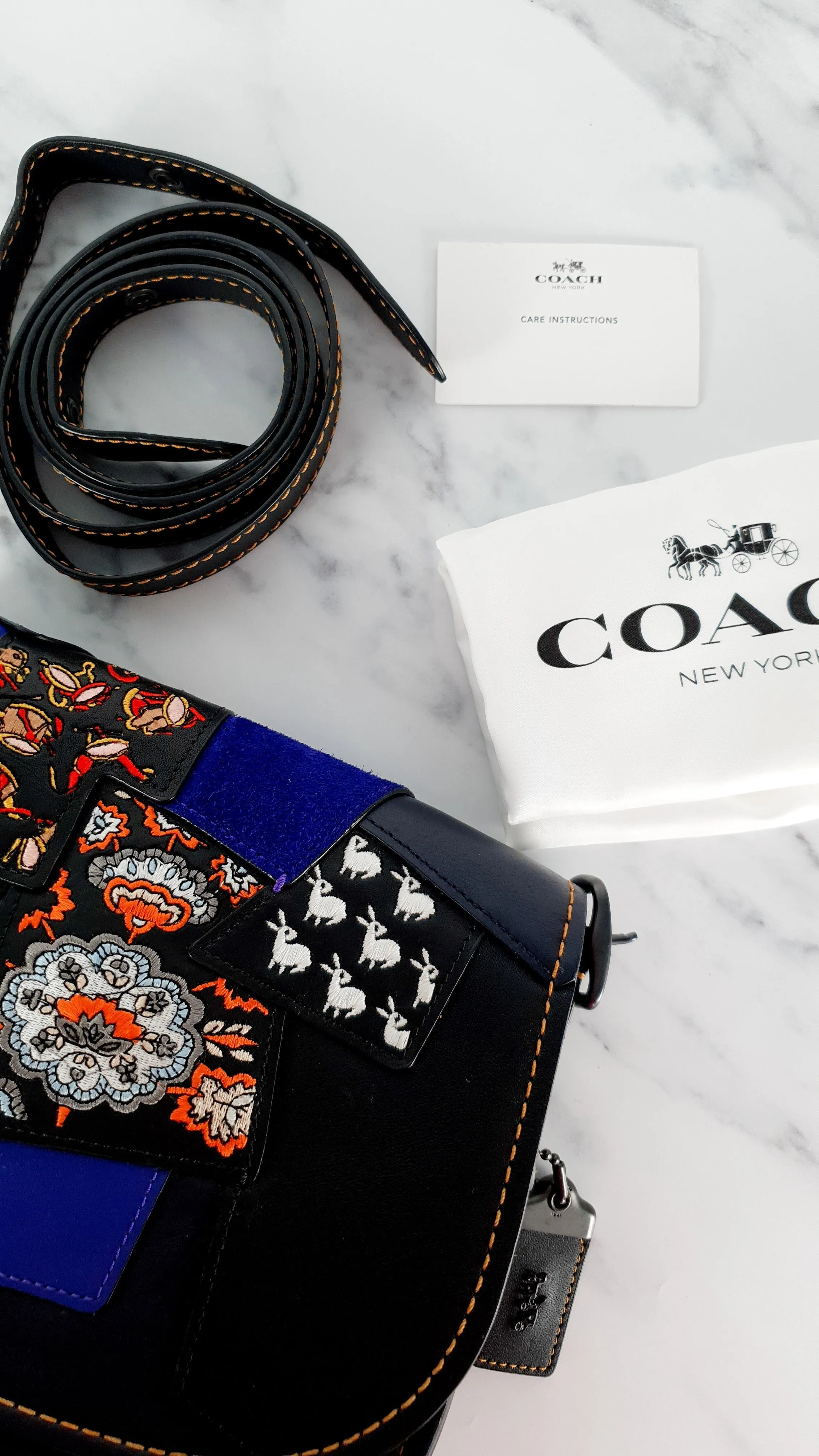 Coach 1941 Saddle 23 Bag in Black with Patchwork Detail - Purple Orange Crossbody Shoulder Bag Coach 56639