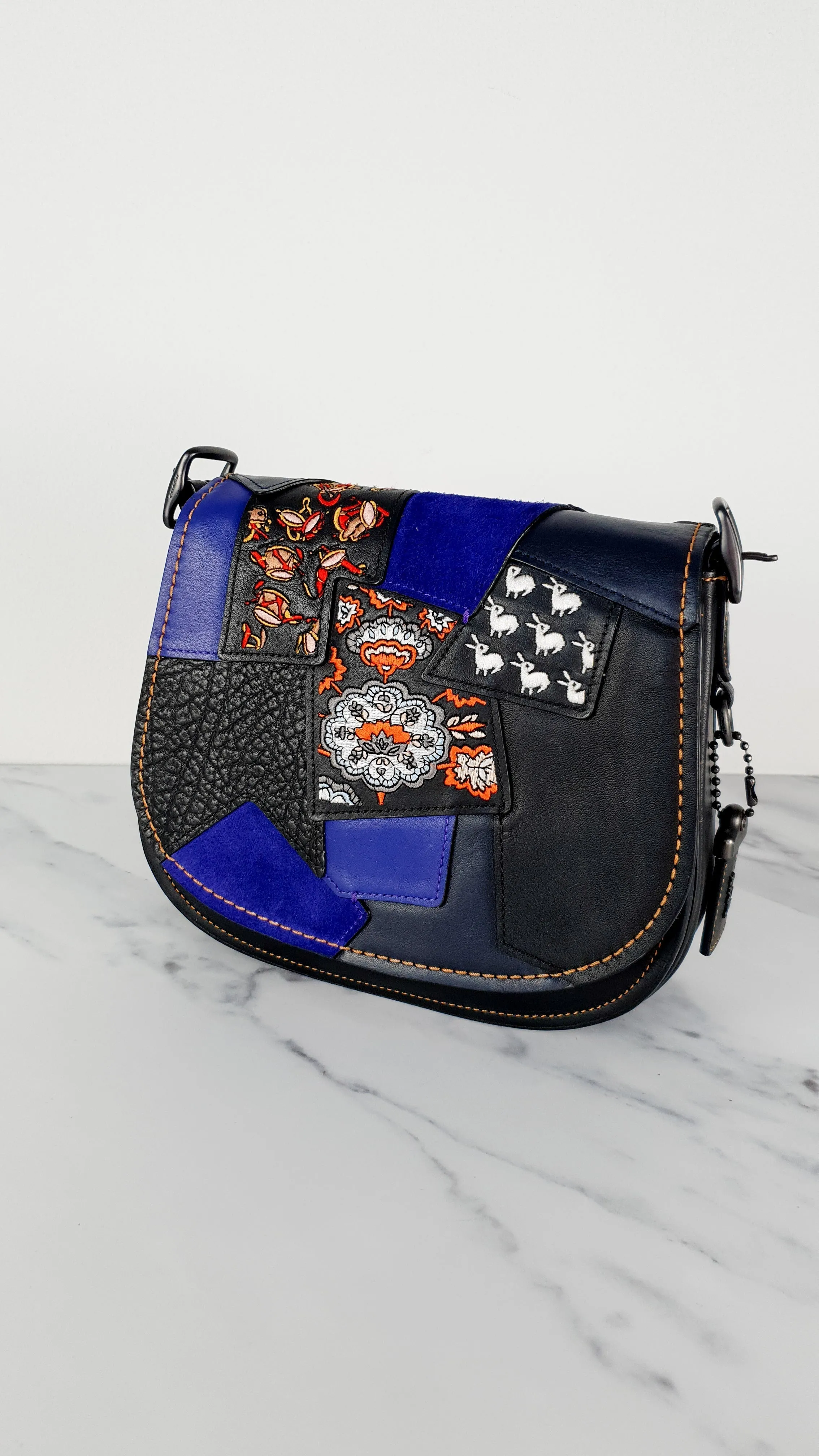 Coach 1941 Saddle 23 Bag in Black with Patchwork Detail - Purple Orange Crossbody Shoulder Bag Coach 56639