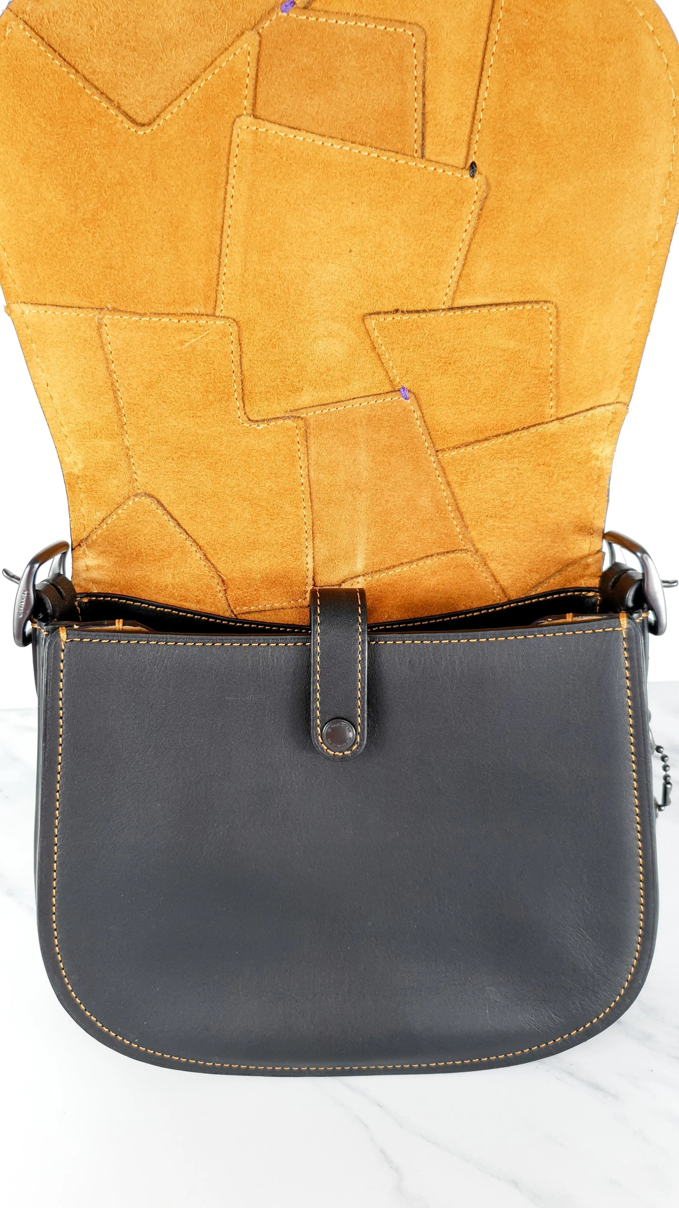 Coach 1941 Saddle 23 Bag in Black with Patchwork Detail - Purple Orange Crossbody Shoulder Bag Coach 56639