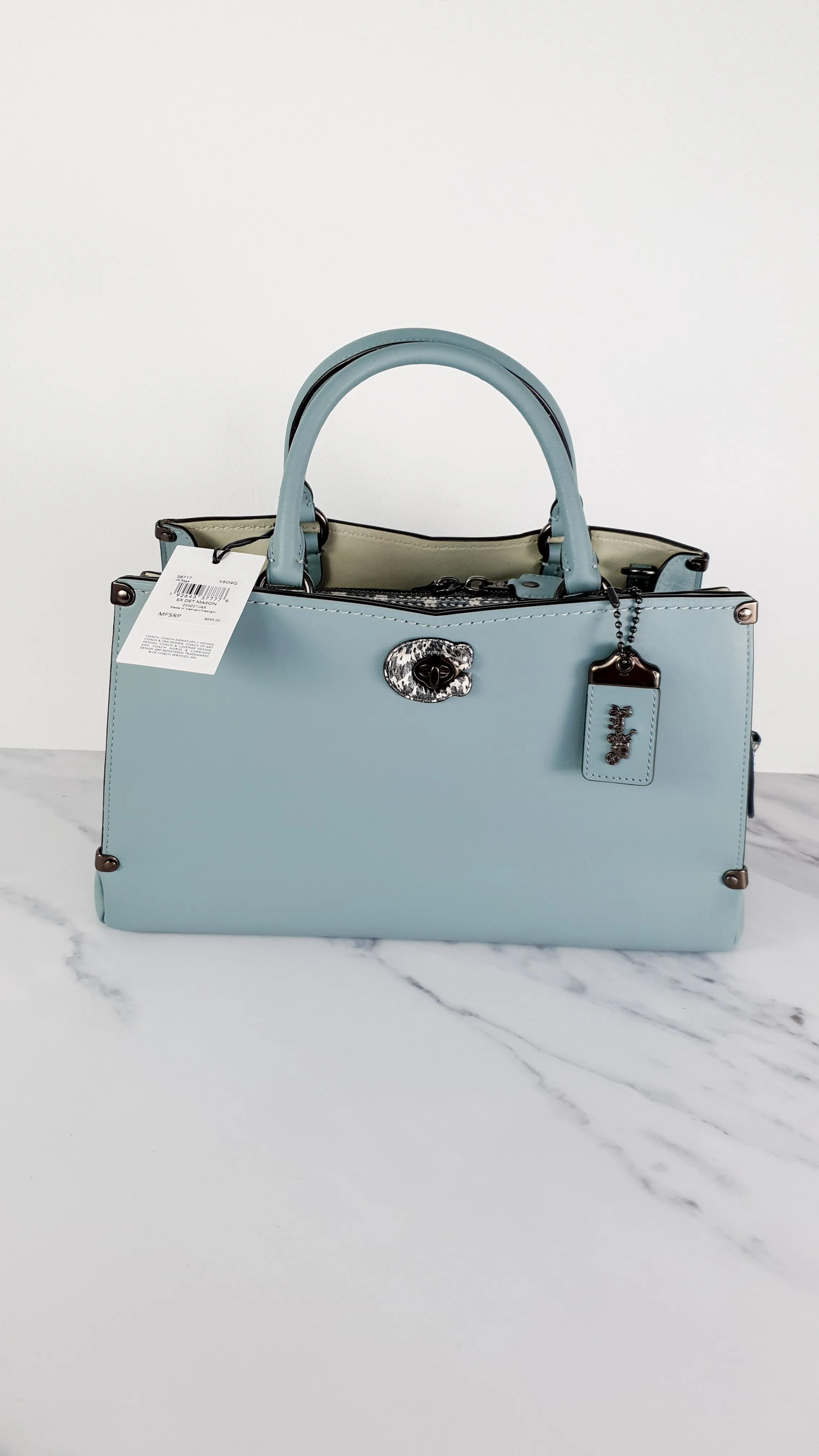 Coach Mason Carryall in Sage Pale Blue Green Smooth Leather with Snakeskin - Coach 38717