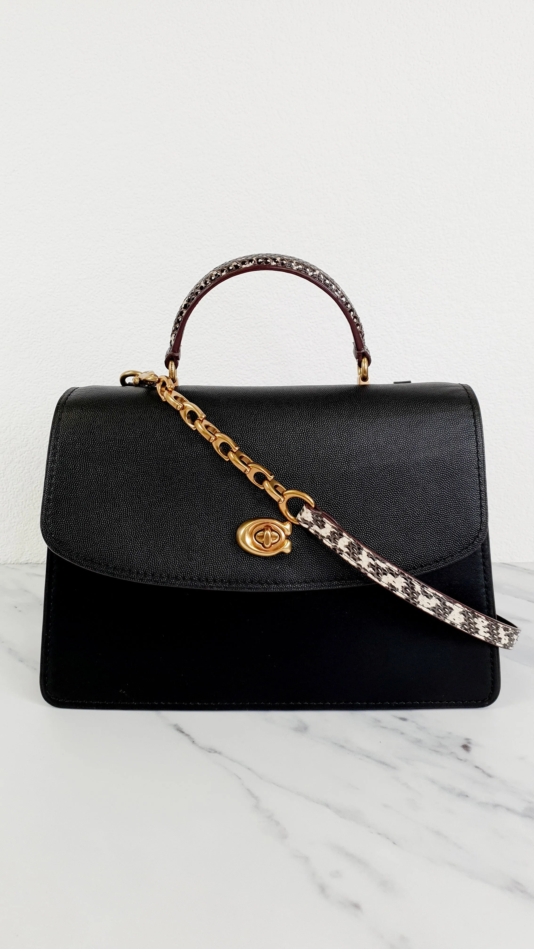 Coach Parker 32 Tophandle Carryall in Black Crossgrain & Smooth Leather with Snakeskin Details - Handbag Exotic Crossbody Bag - Coach 73969