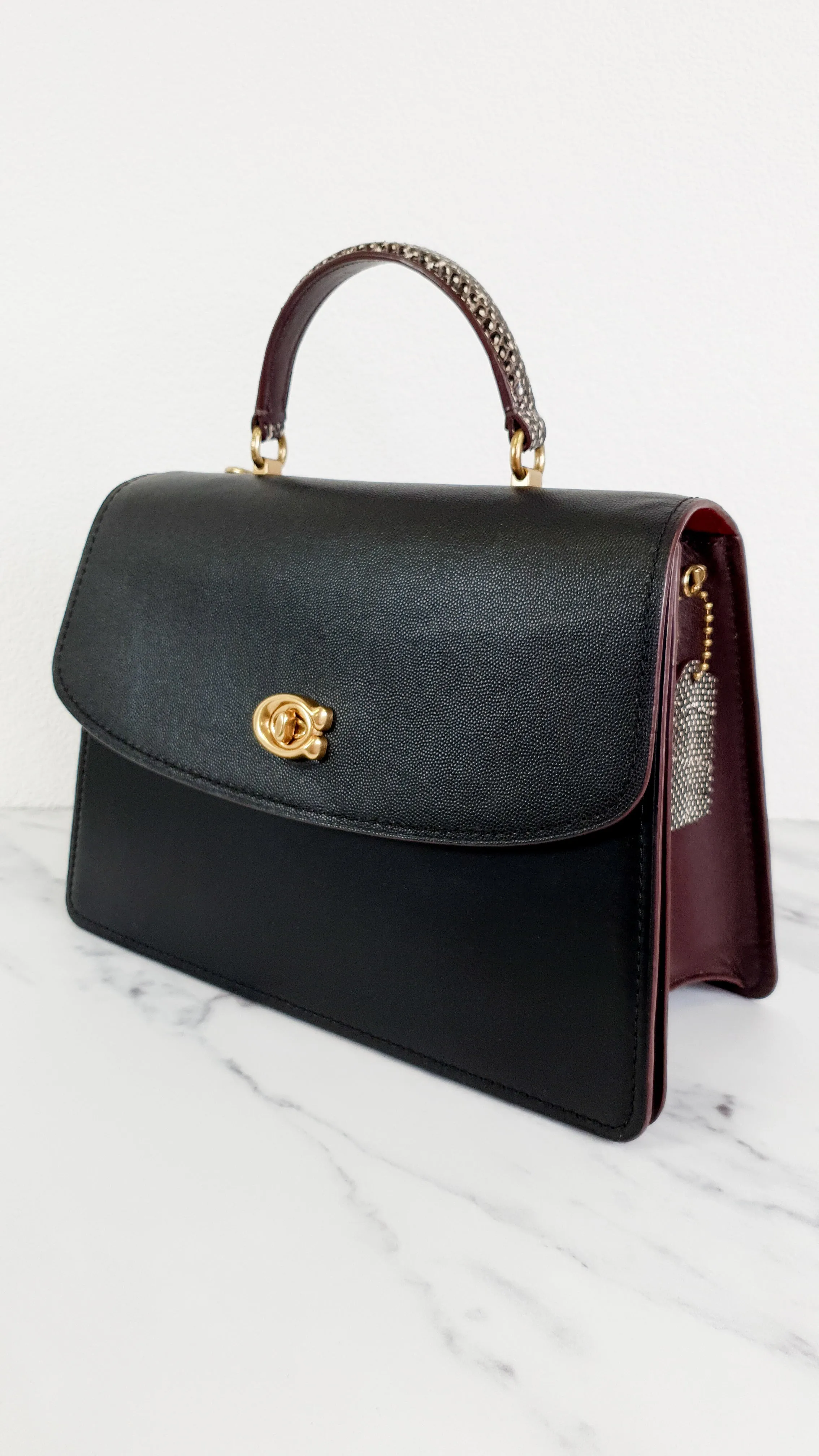 Coach Parker 32 Tophandle Carryall in Black Crossgrain & Smooth Leather with Snakeskin Details - Handbag Exotic Crossbody Bag - Coach 73969